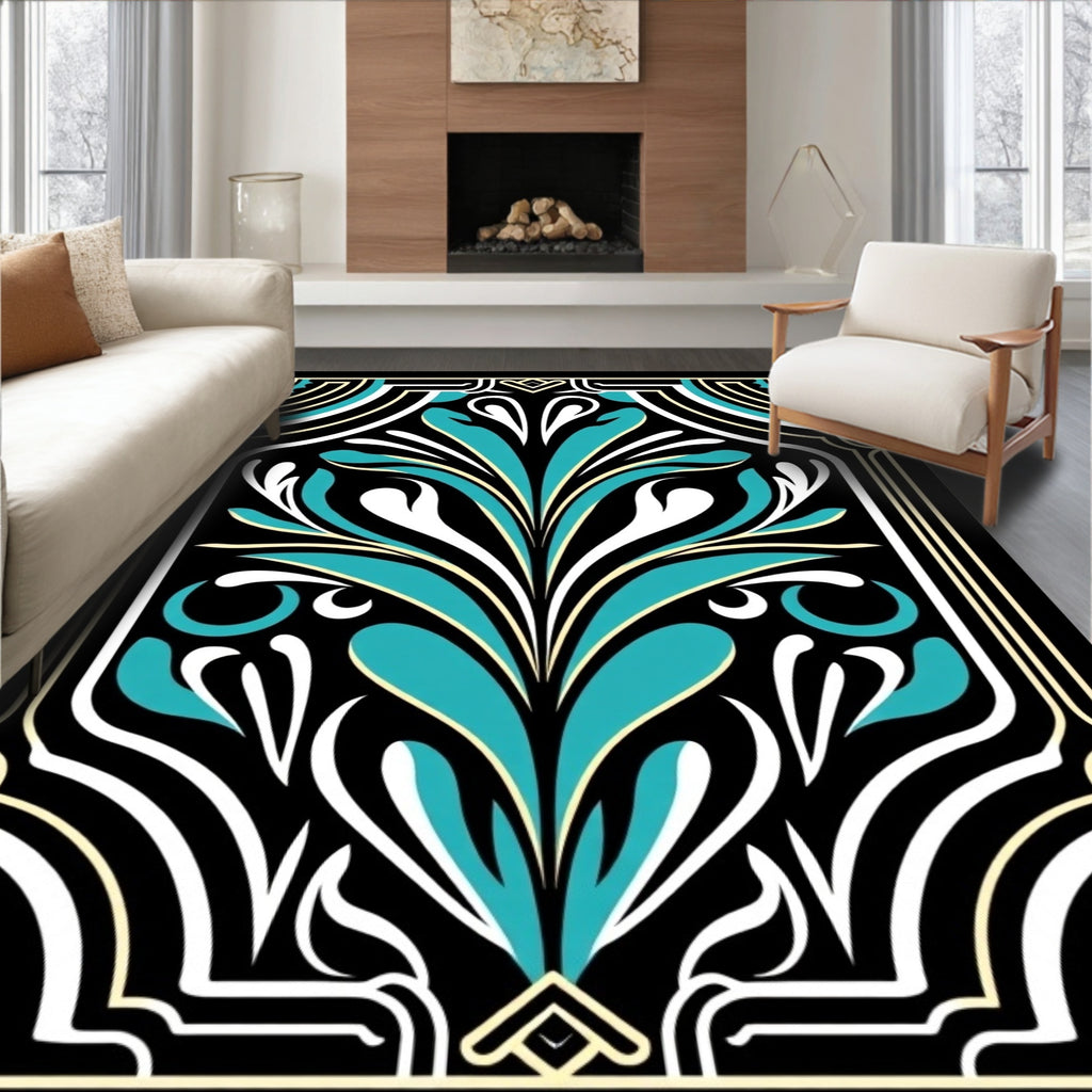 Art Deco Floral Teal Design Rug