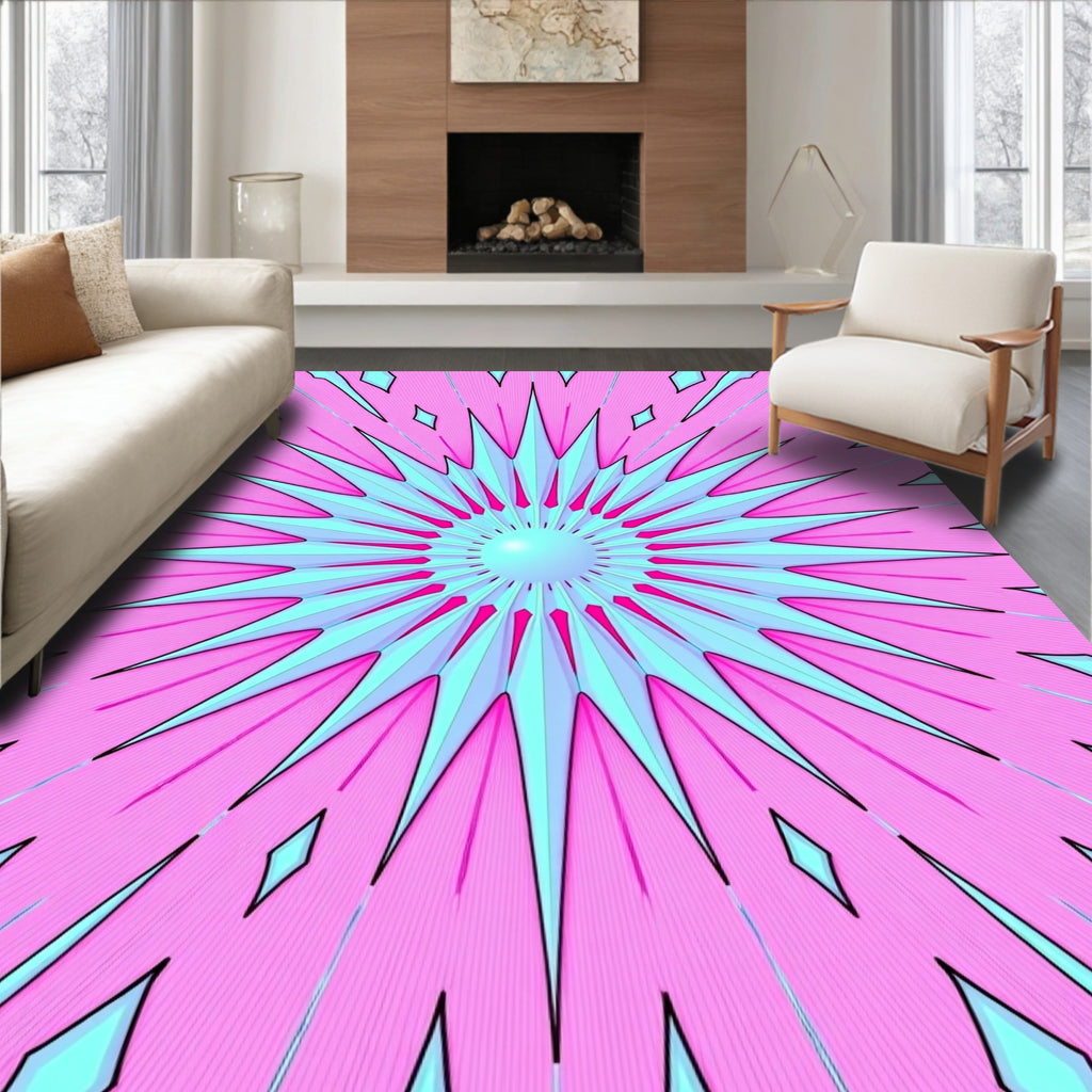 Geometric Pink Blue Starburst Pattern Rug