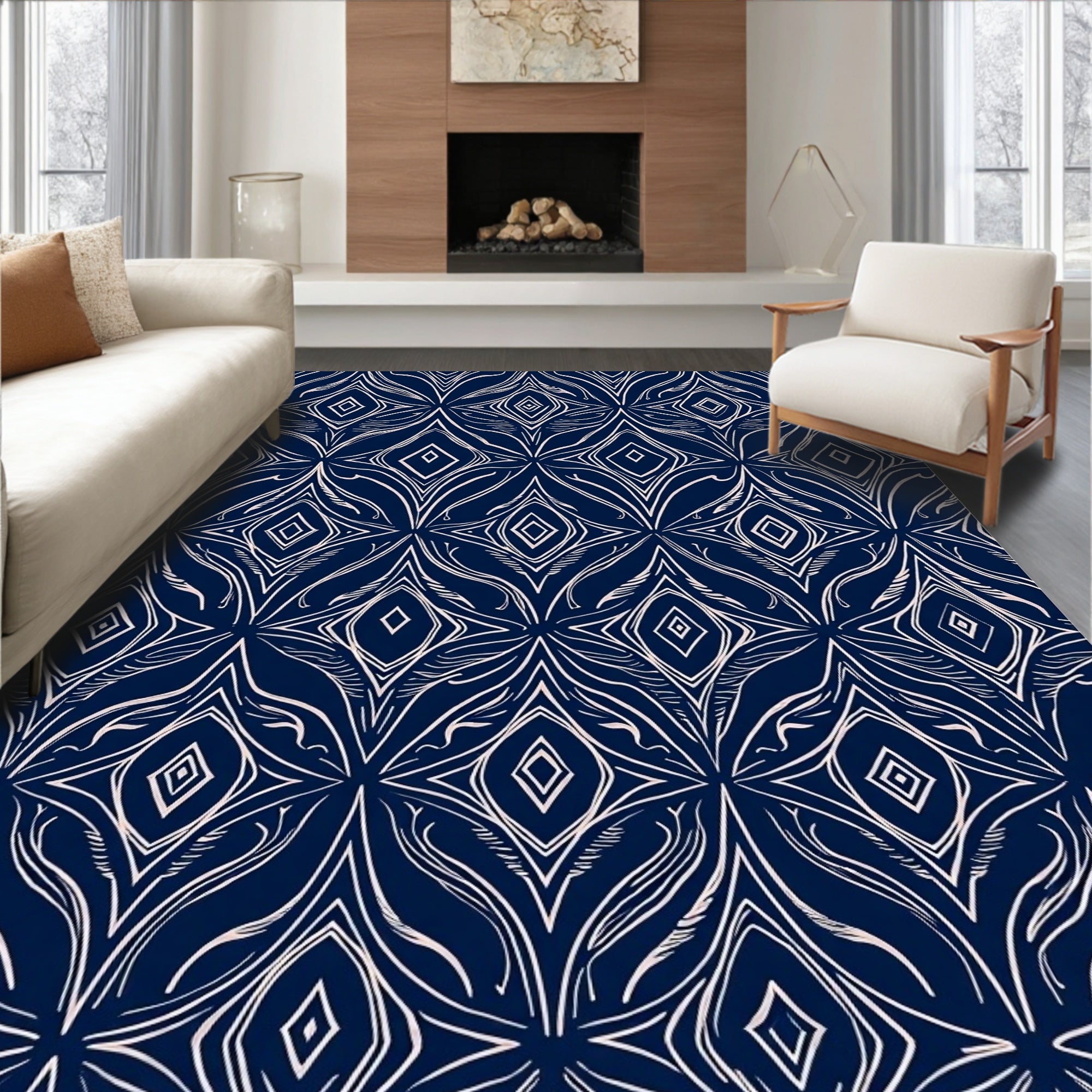 Dark Blue Stylized Floral Gem Pattern Rug