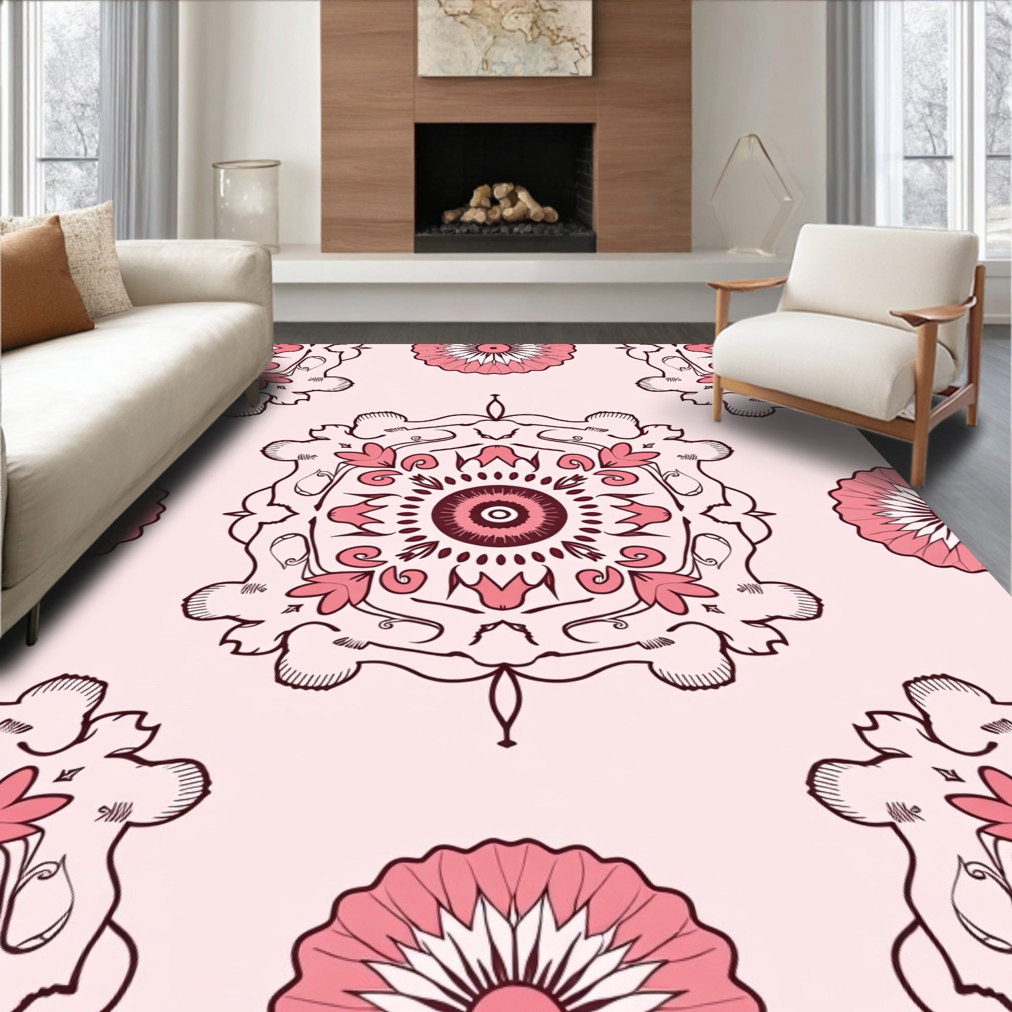 Pink Floral Mandala Pattern Rug