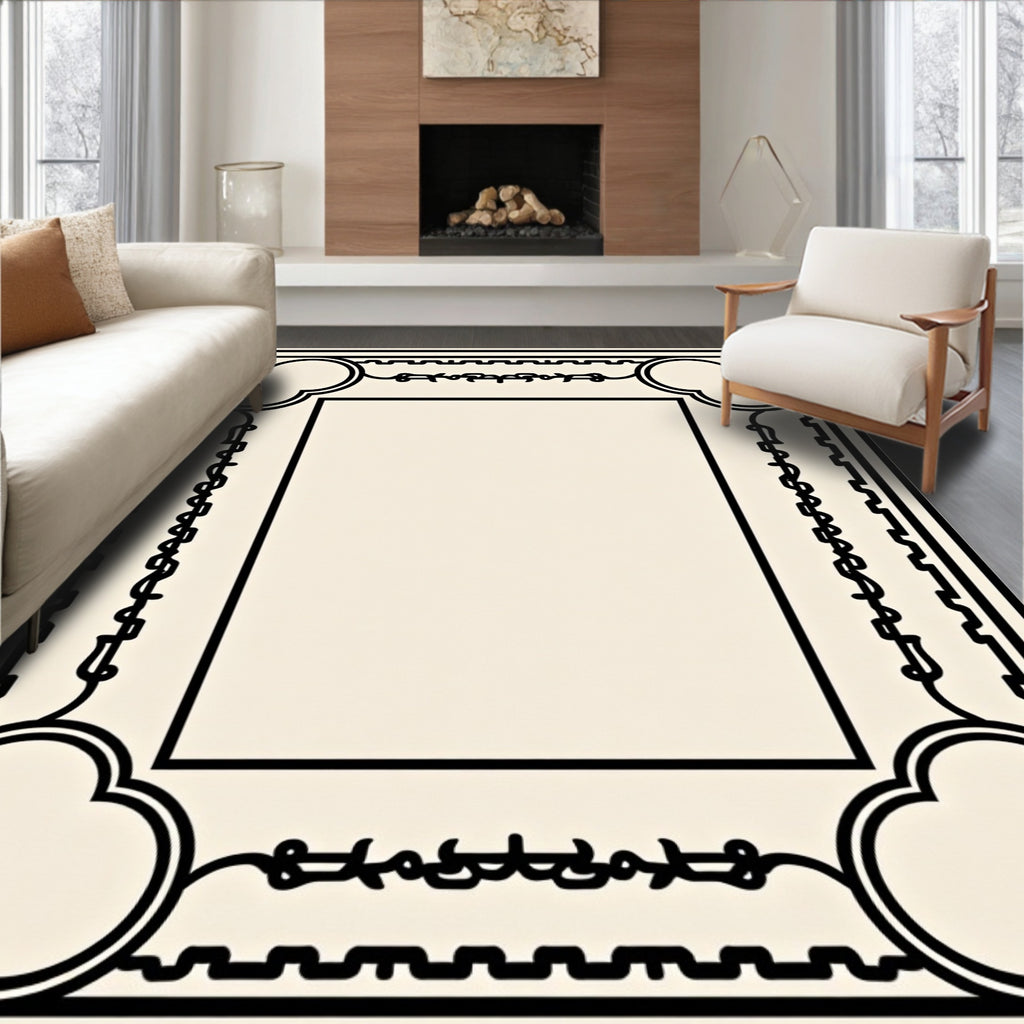 Art Deco Black Ivory Geometric Floral Rug