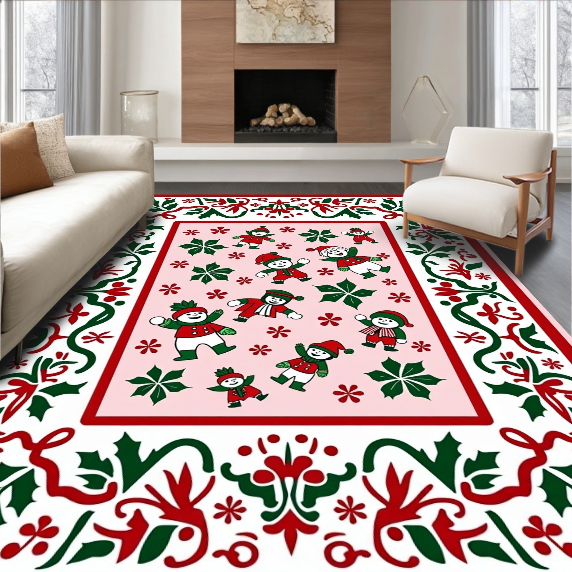 Festive Red Green Christmas Snowman Border Rug
