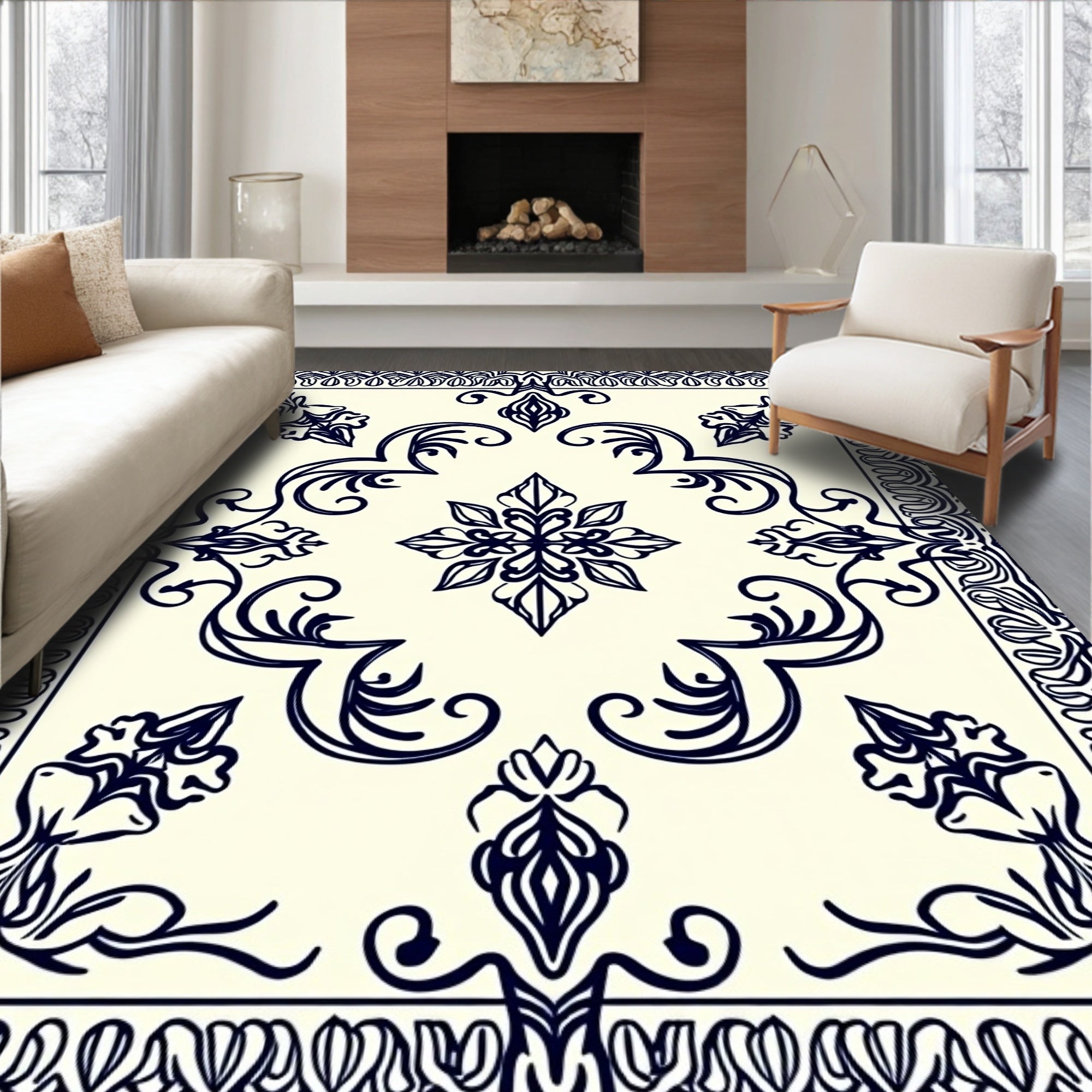 Elegant Floral Swirl Border Design Rug