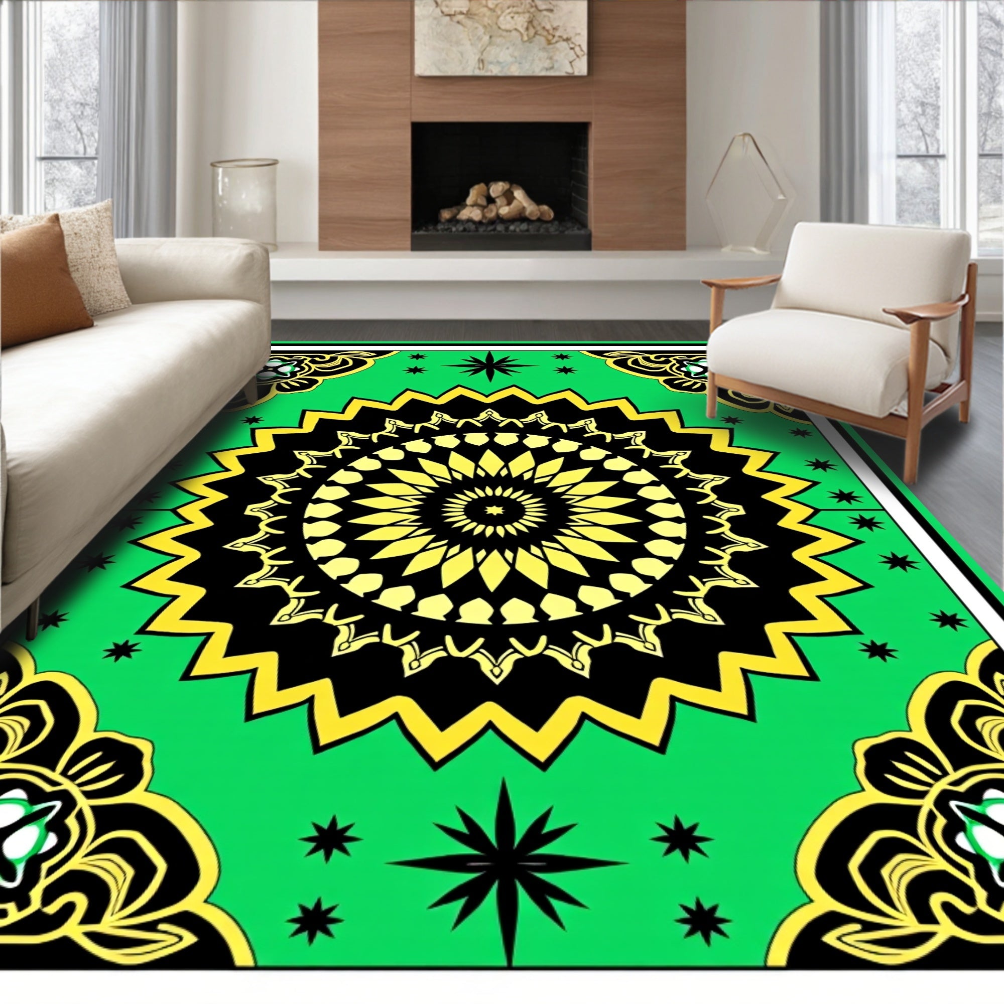 Vibrant Yellow And Black Mandala Design Rug