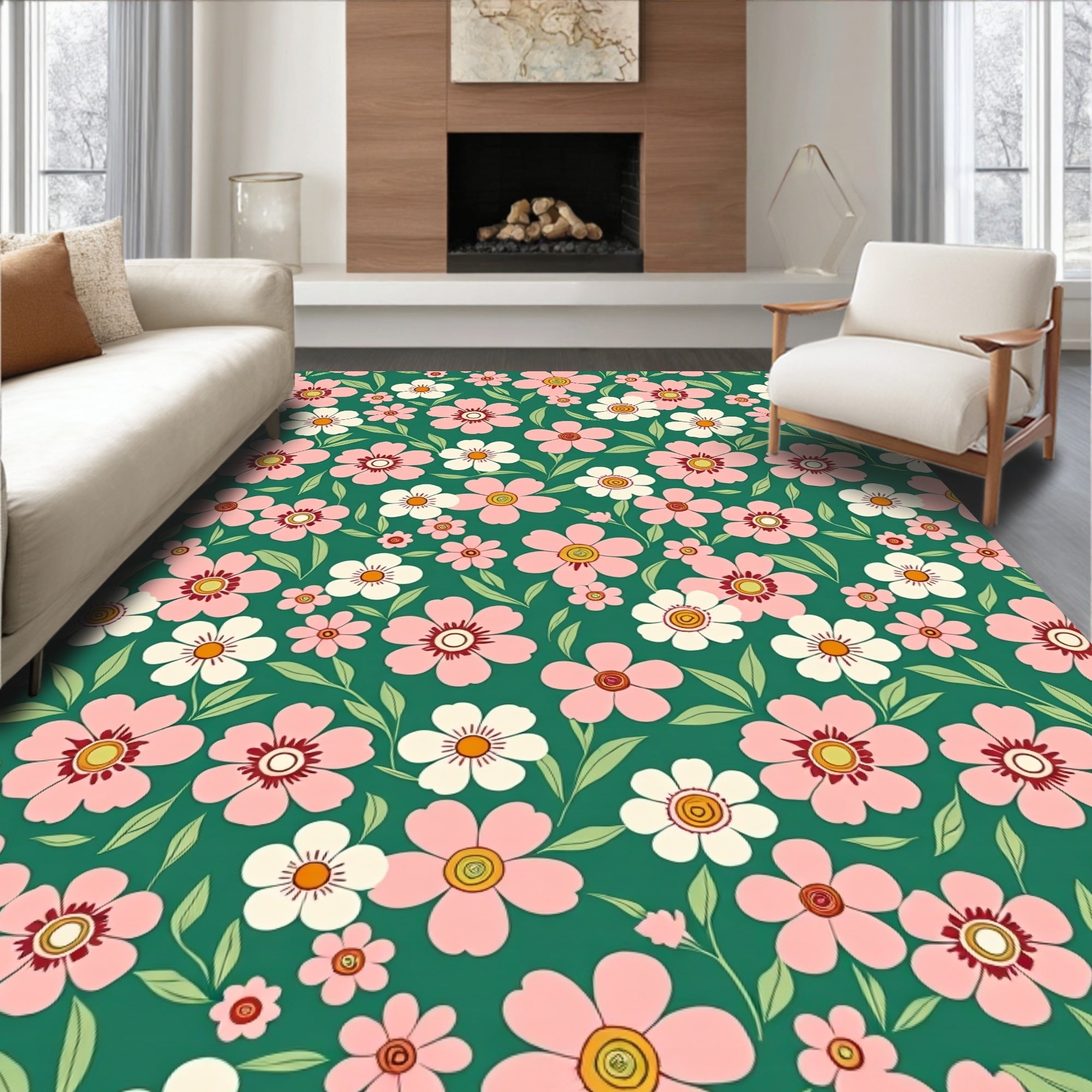 Pink White Flower Garden Pattern Rug