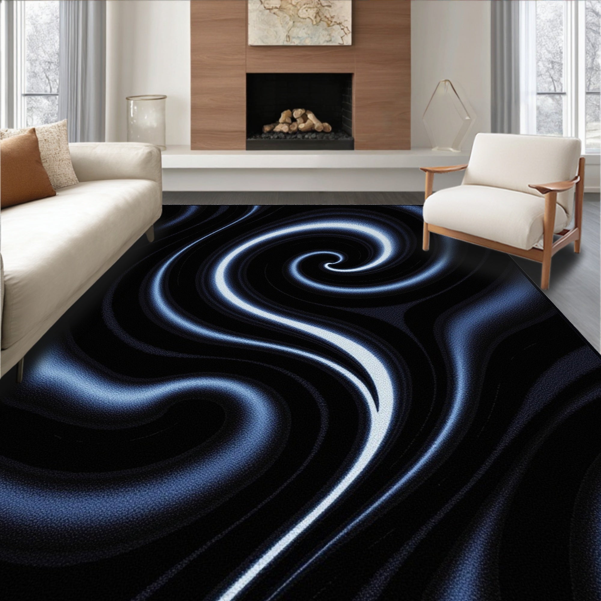 Deep Blue Swirls Abstract Pattern Rug