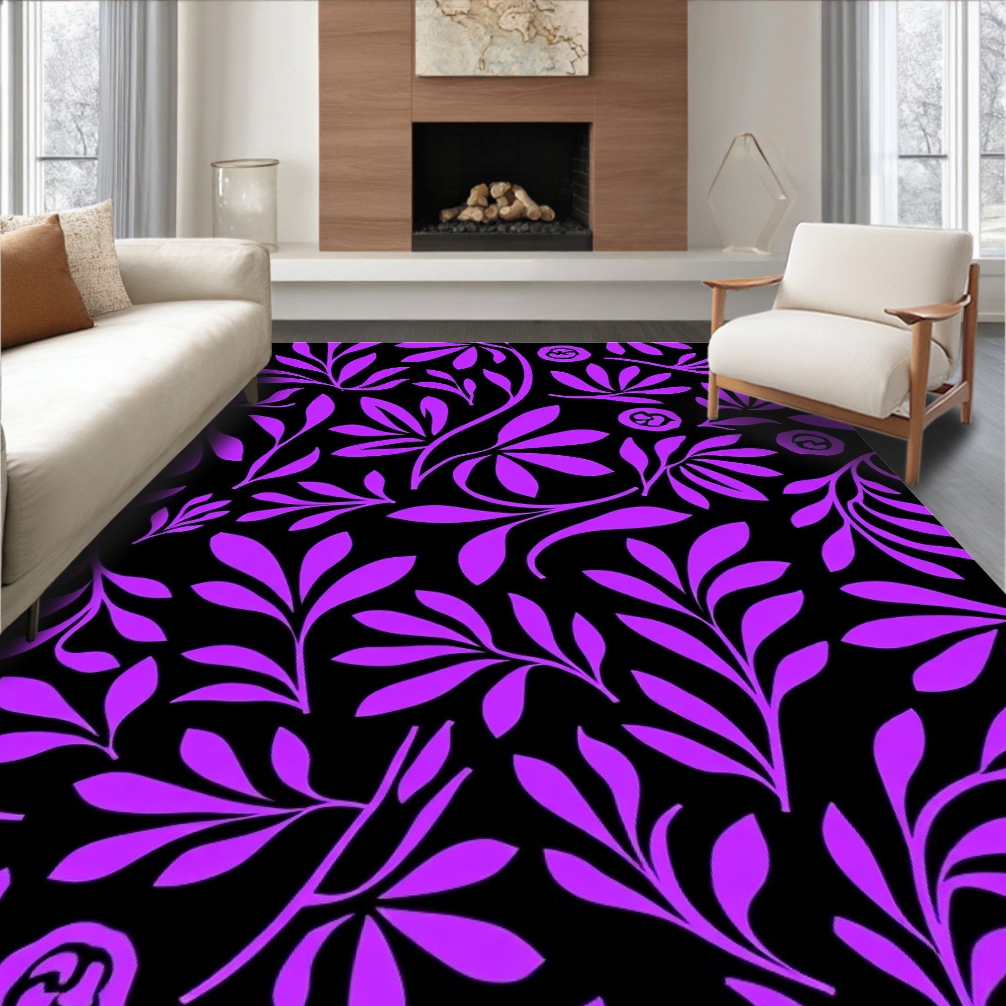 Bold Purple Floral Branch Pattern Rug