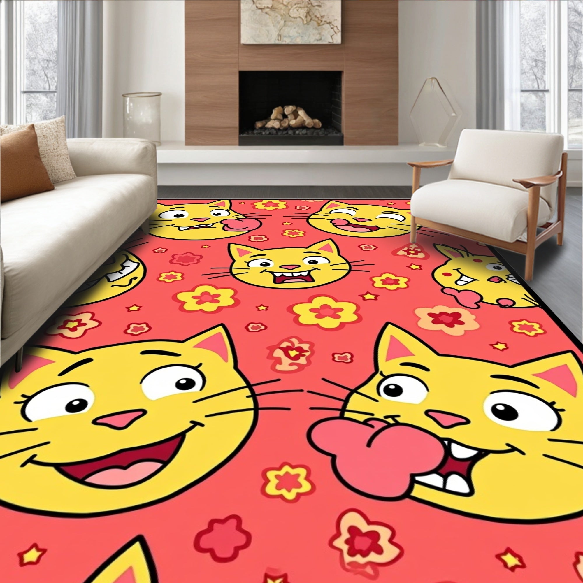 Whimsical Yellow Cat Floral Pattern Design Rug