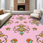 Pink Ornate Floral Gold Turquoise Pattern Rug