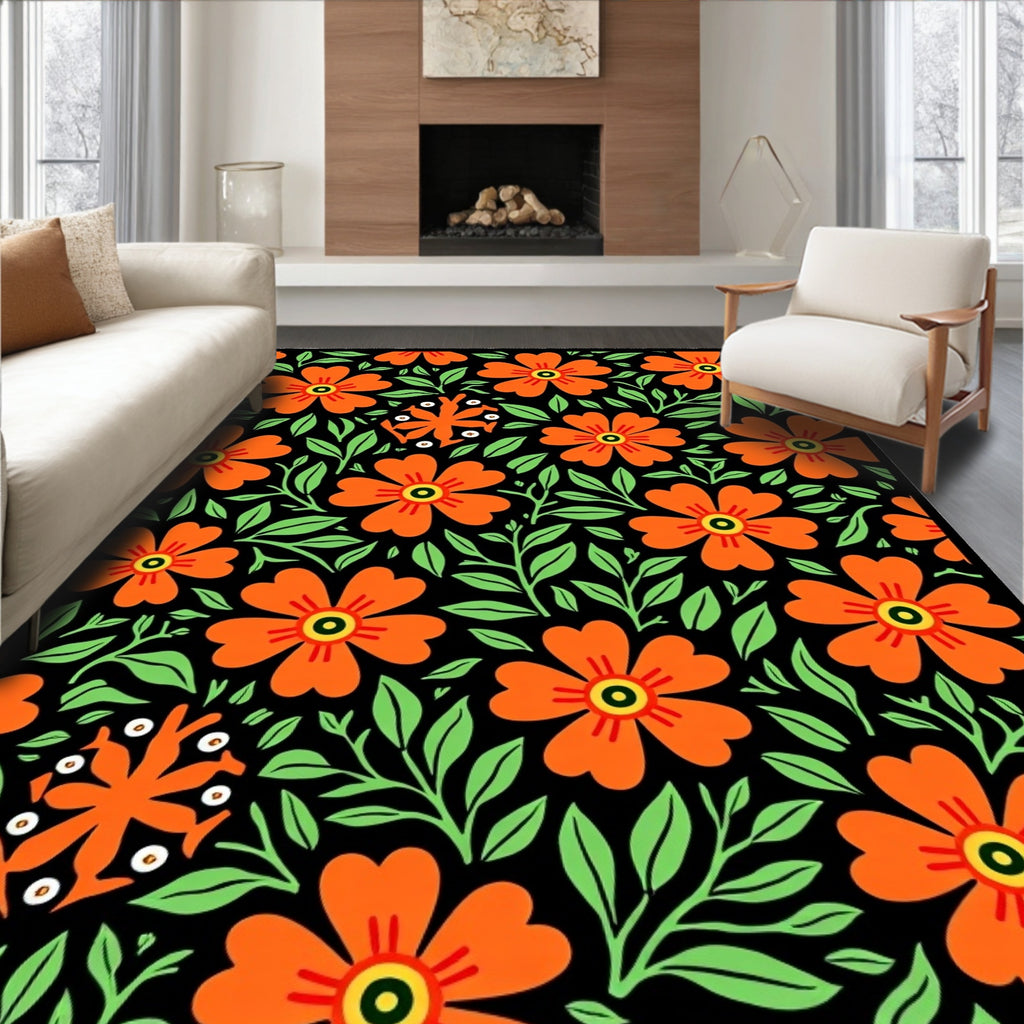 Bold Orange Floral Pattern Rug