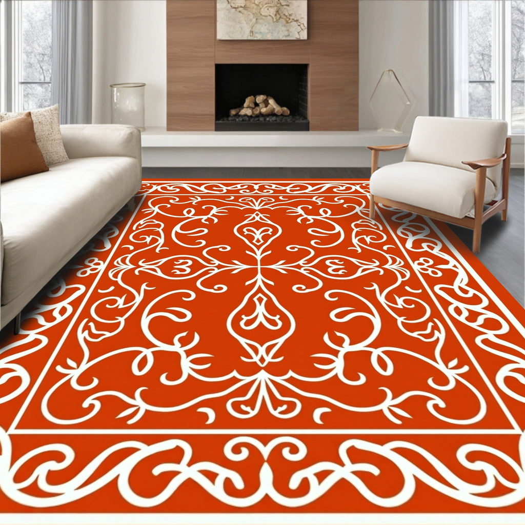 Elegant Red White Ornate Swirl Rug
