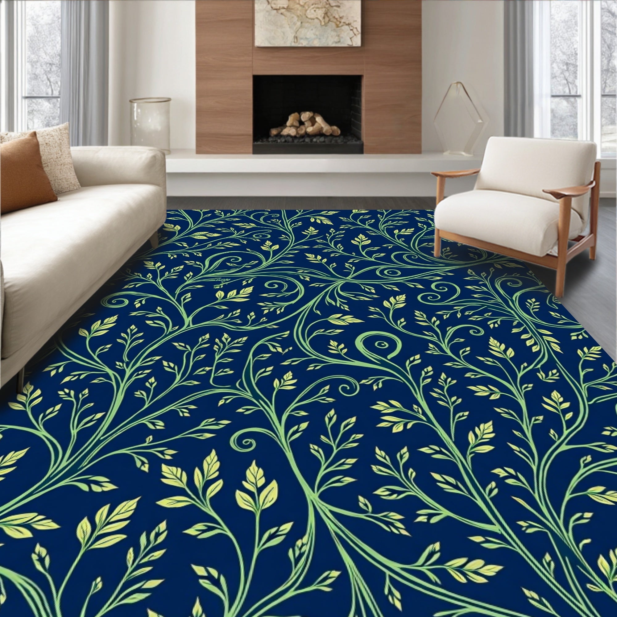 Elegant Blue Green Swirling Vine Pattern Rug