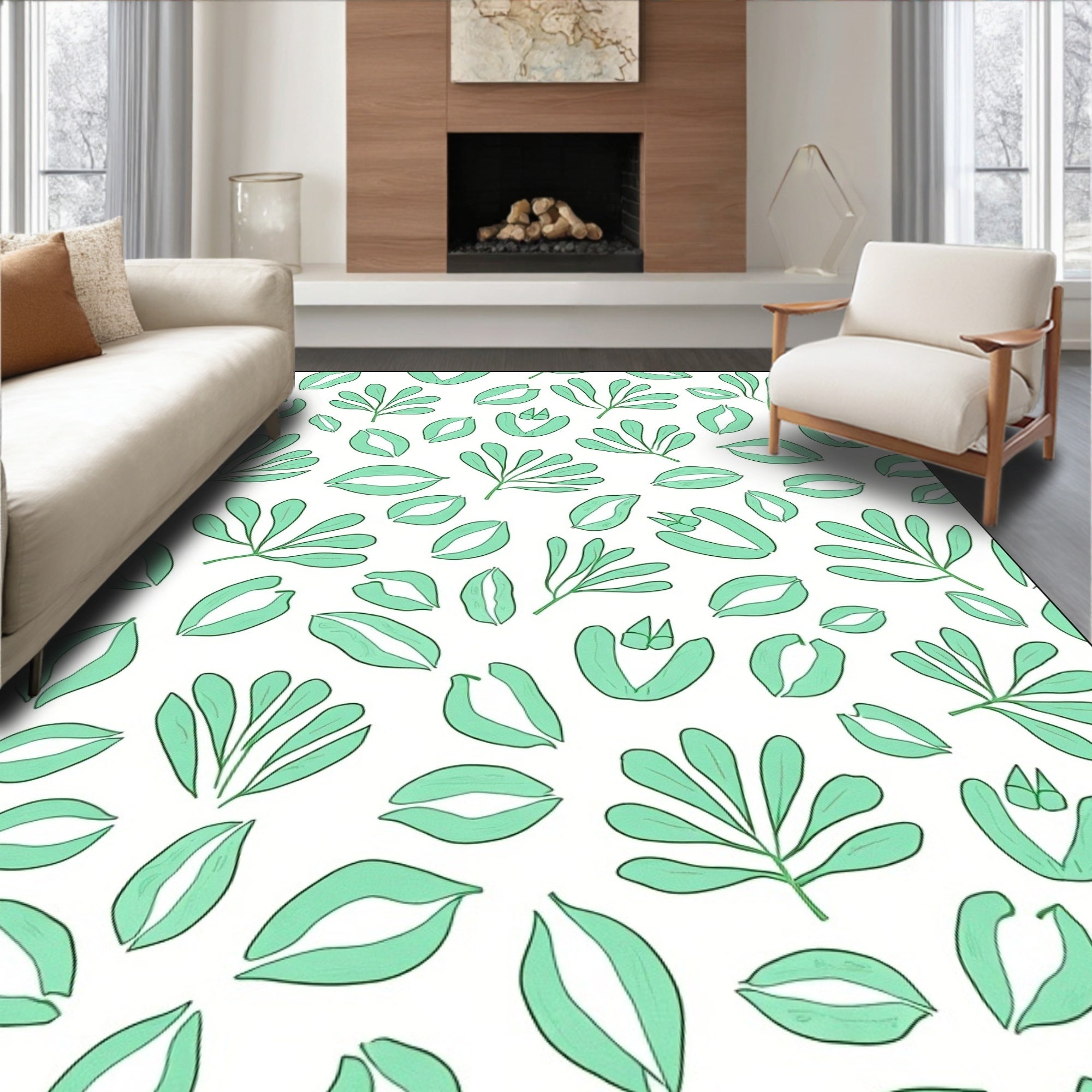 Mint Green Leaf Pattern Design Rug