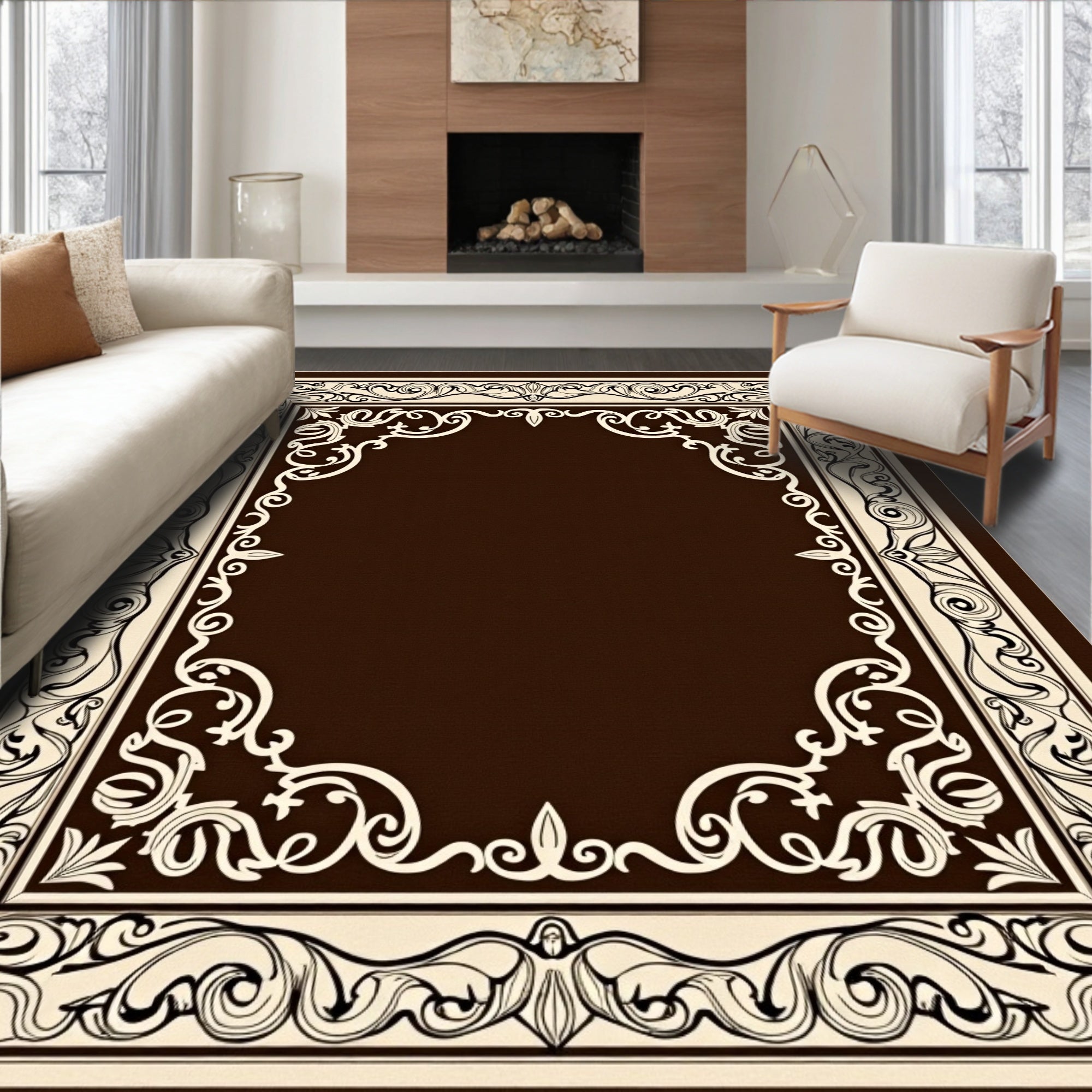 Classic Scrollwork Ornate Border Design Rug