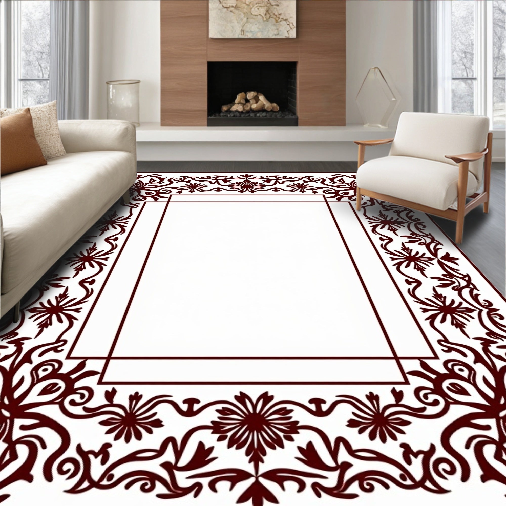 Ornate Burgundy Floral Border Design Rug