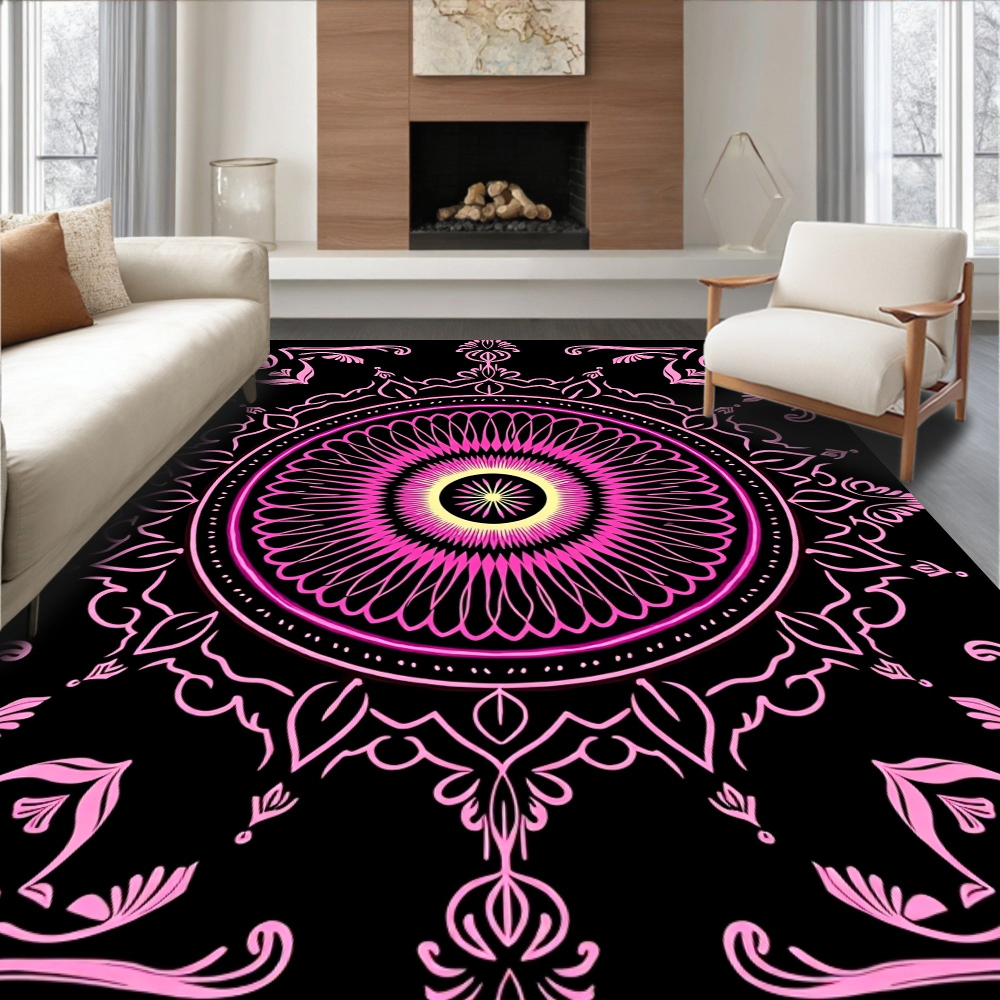 Vibrant Pink Yellow Radial Pattern Rug