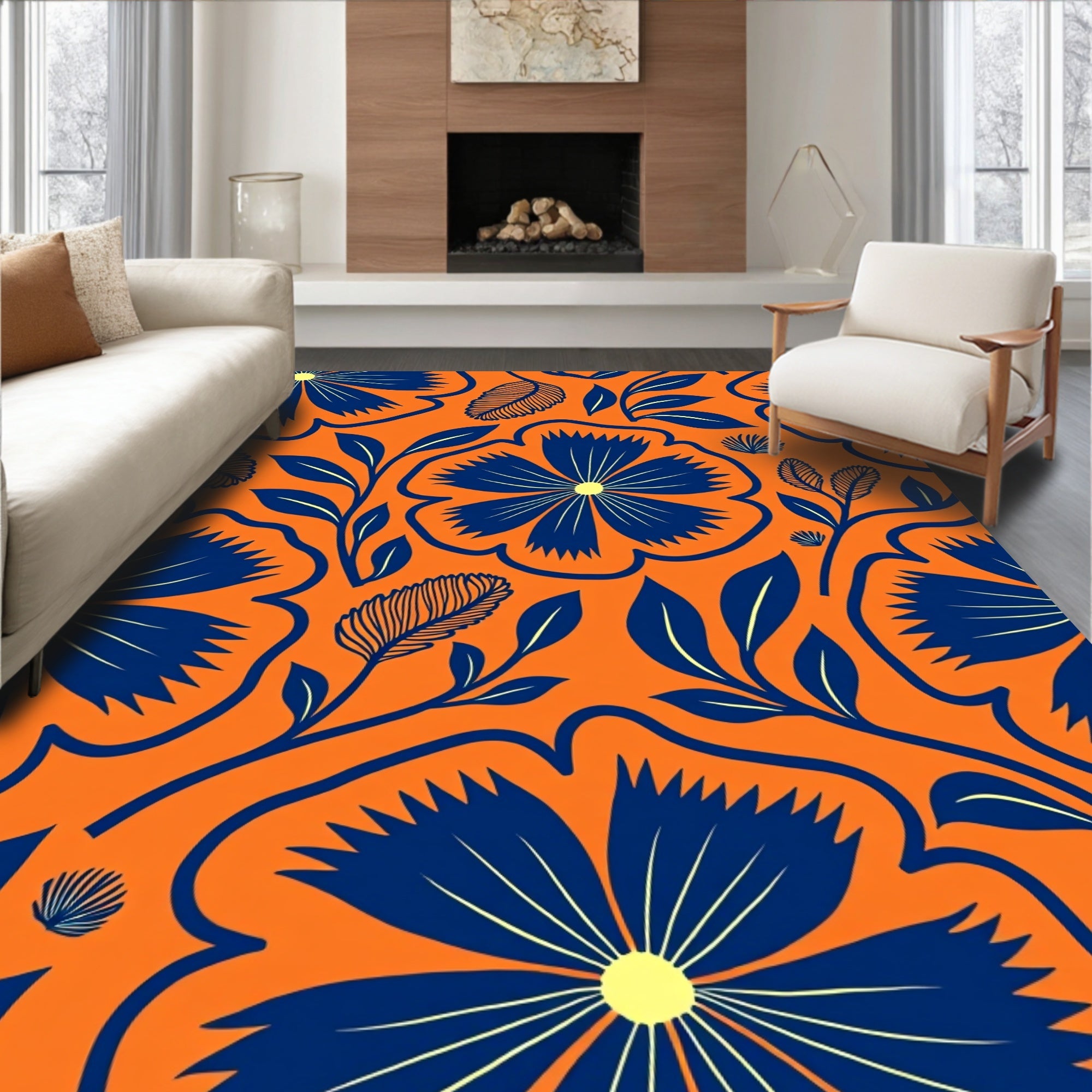 Bold Blue Floral Pattern Rug