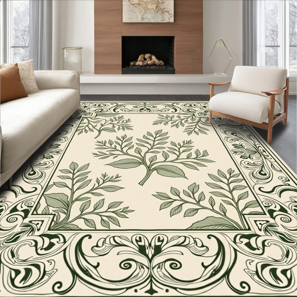 Ornate Green Leafy Vine Border Rug