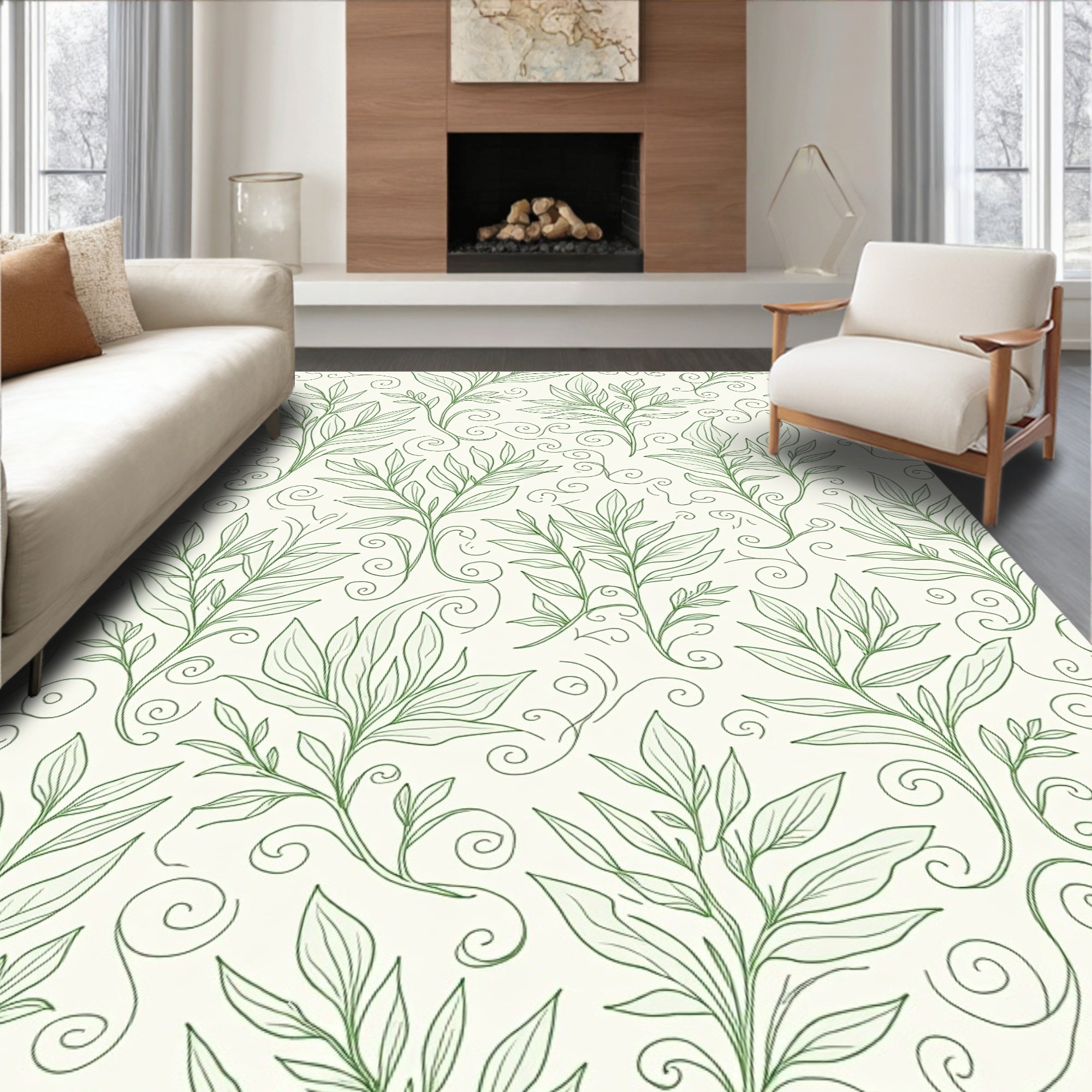 Delicate Green Leaf Vine Scroll Pattern Rug