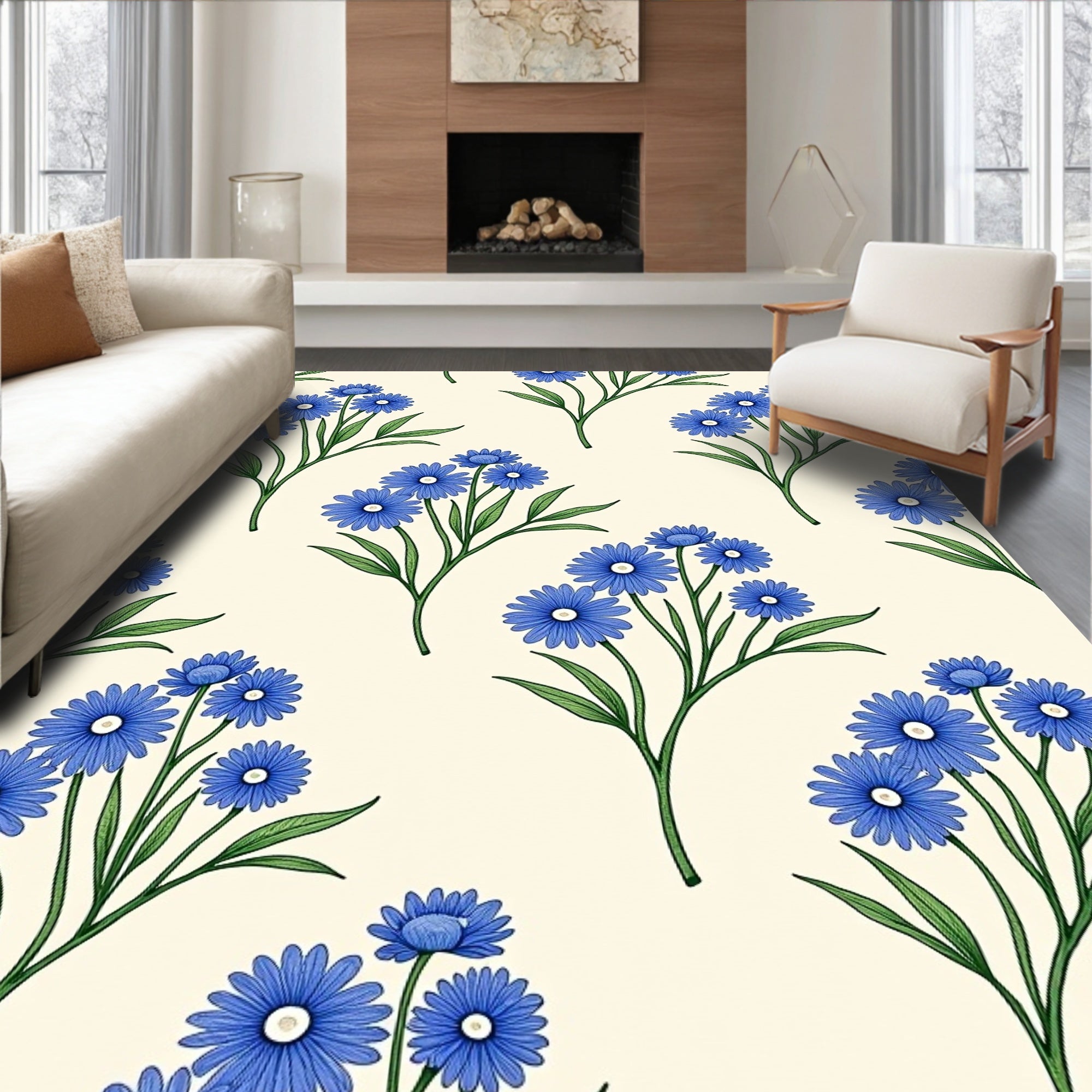Blue Daisy Garden Floral Pattern Rug