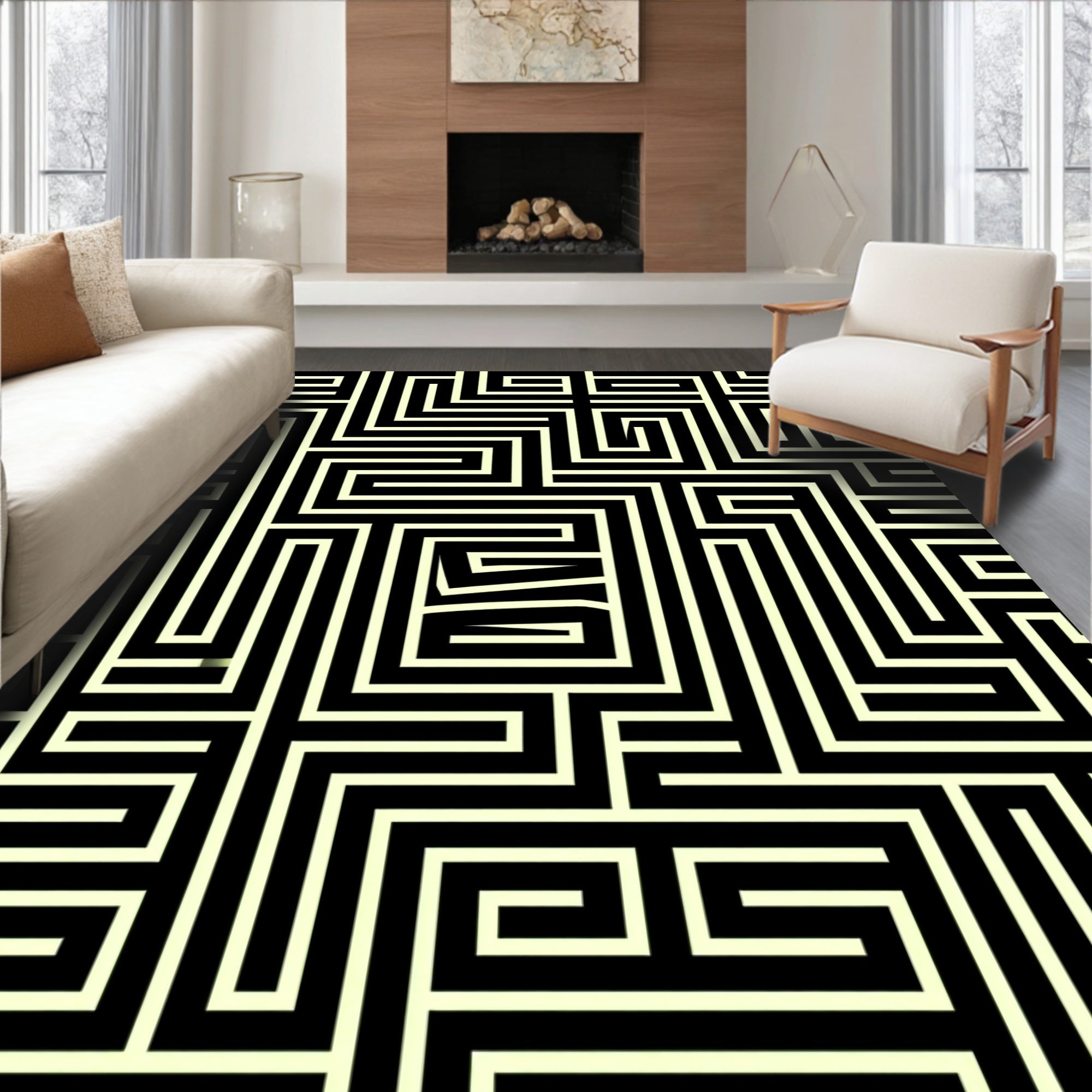 Modern Black Yellow Labyrinth Pattern Rug