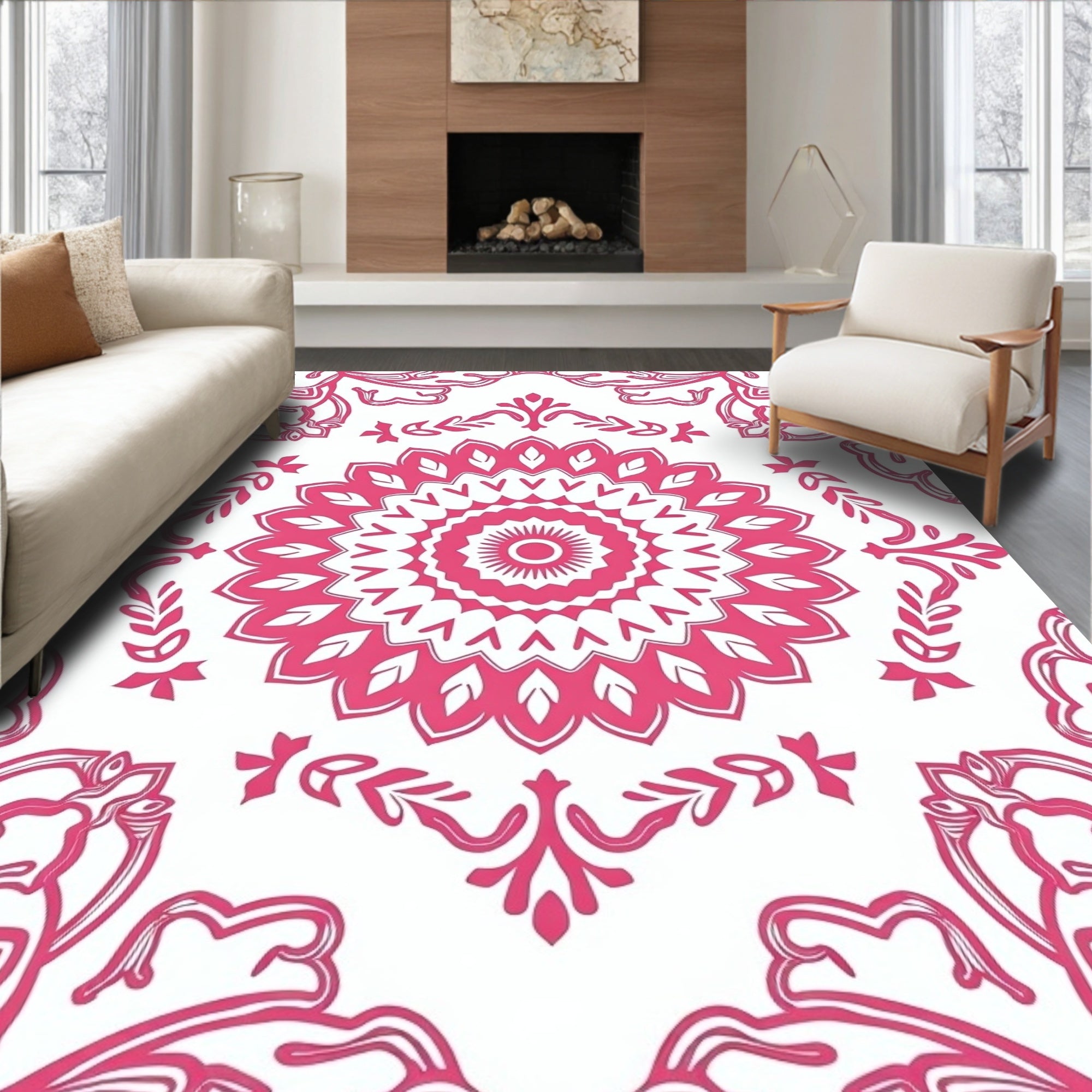 Vibrant Pink Floral Mandala Pattern Rug