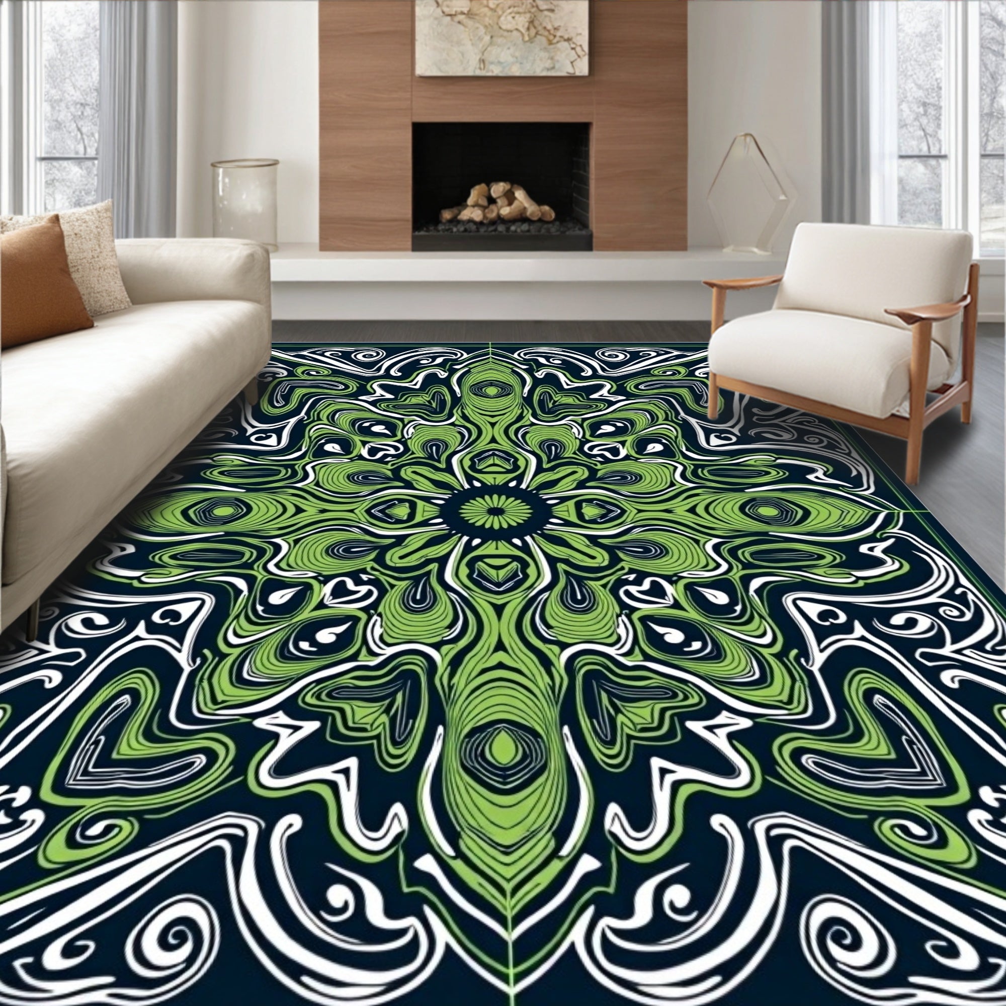 Green White Abstract Swirl Pattern Rug