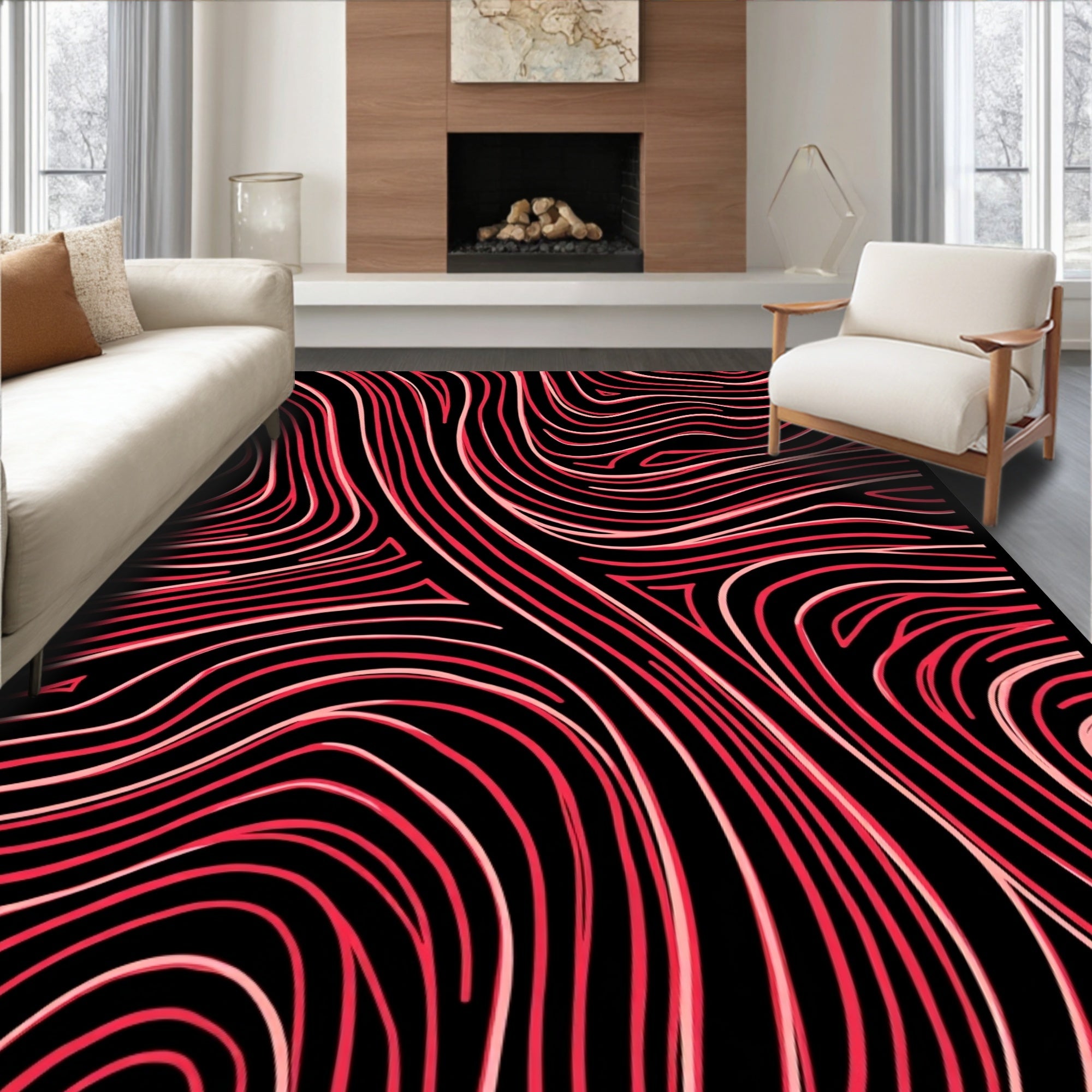 Red and Pink Abstract Groovy Waves Rug