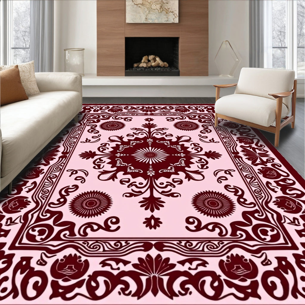 Dark Red Floral And Scrollwork Motif Rug