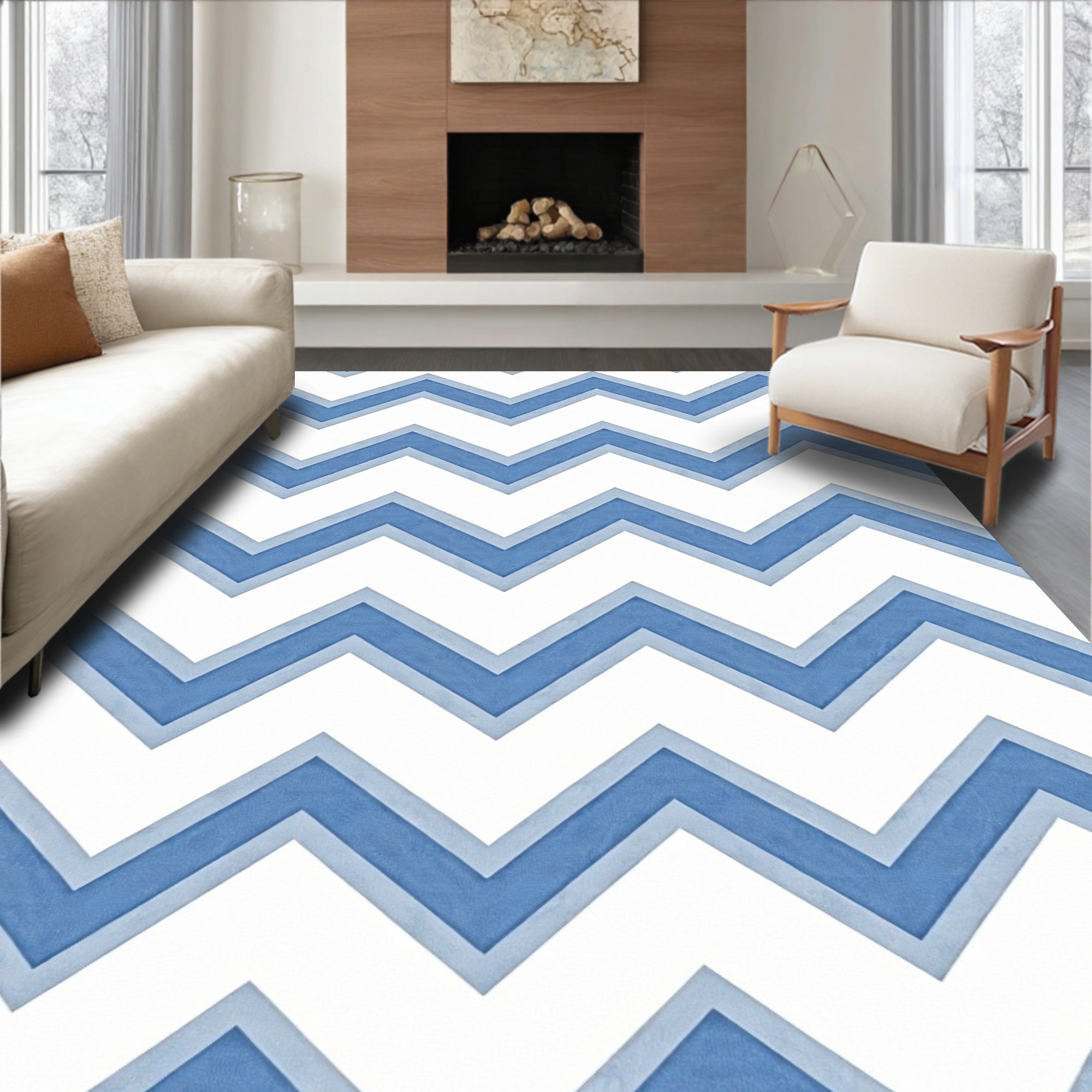 Classic Blue Chevron Pattern Rug