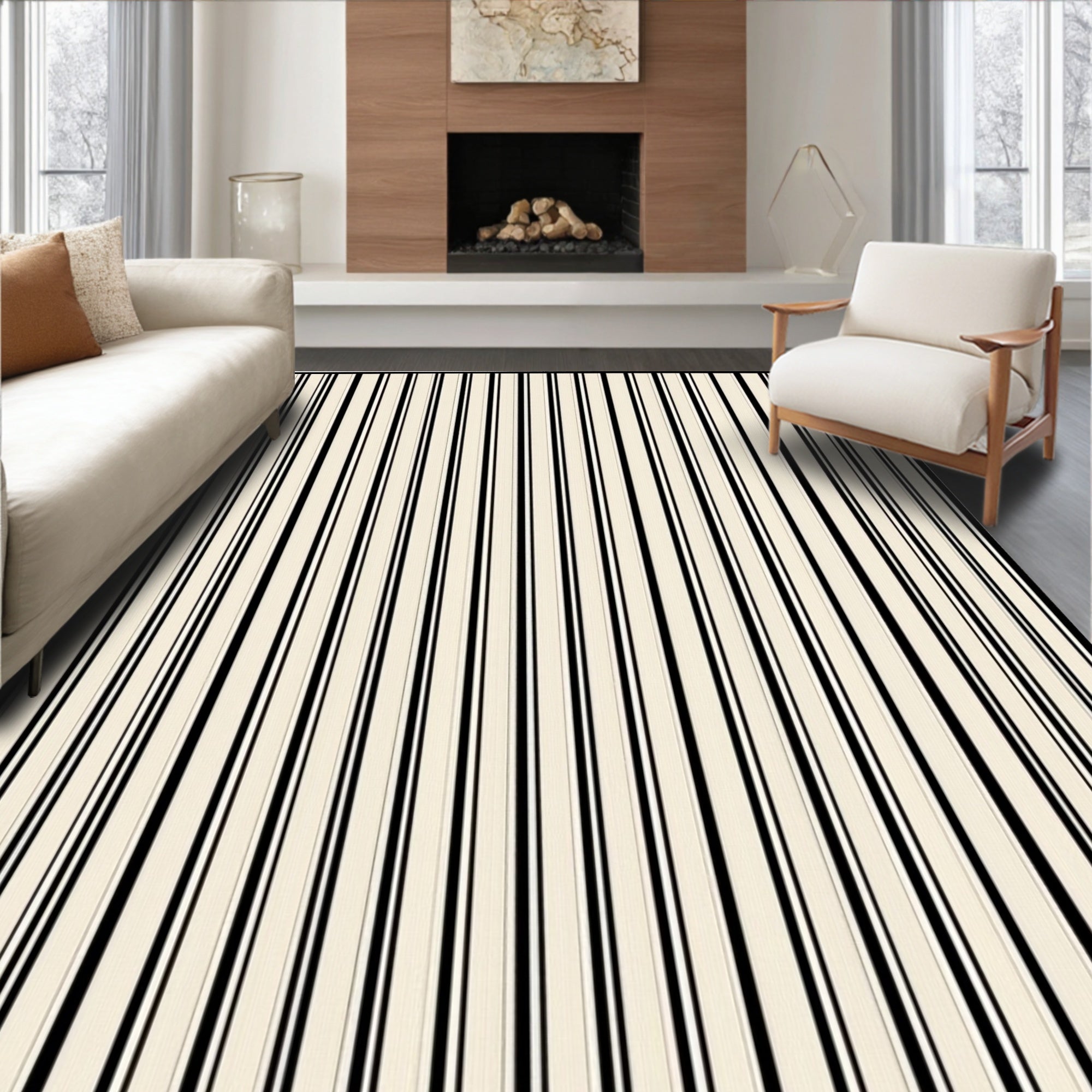 Bold Vertical Black Stripe Pattern Rug