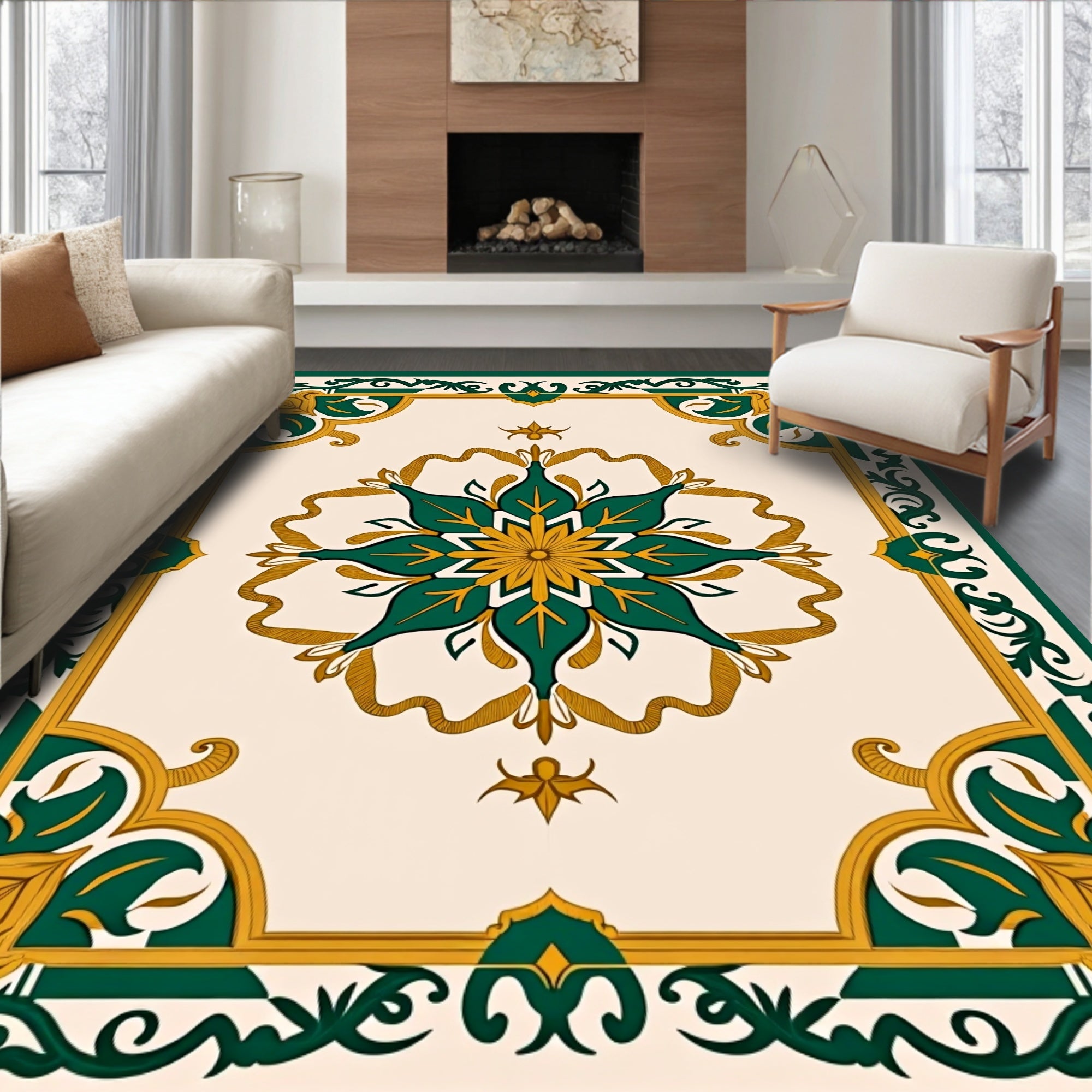 Emerald And Gold Floral Centerpiece Rug