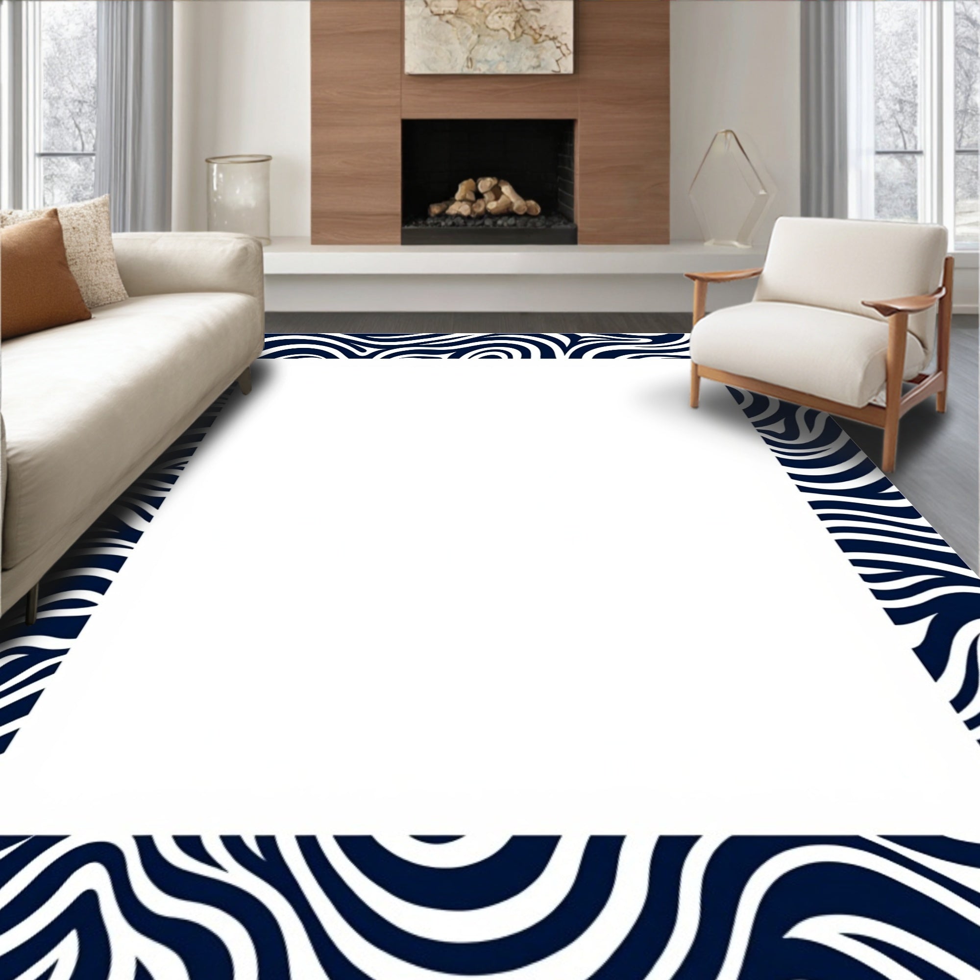 Navy and White Swirl Pattern Rug