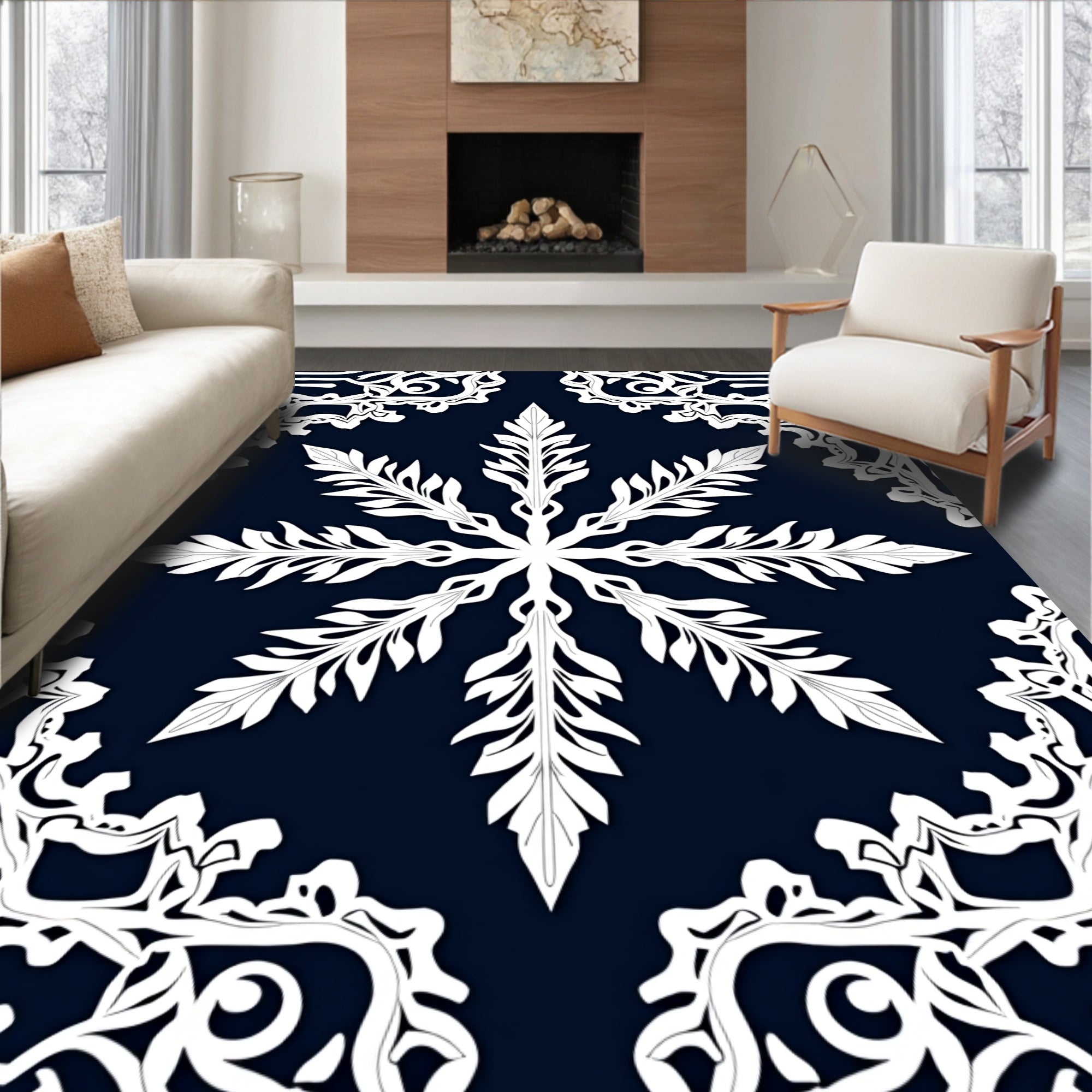 White Floral Mandala Pattern on Navy Rug