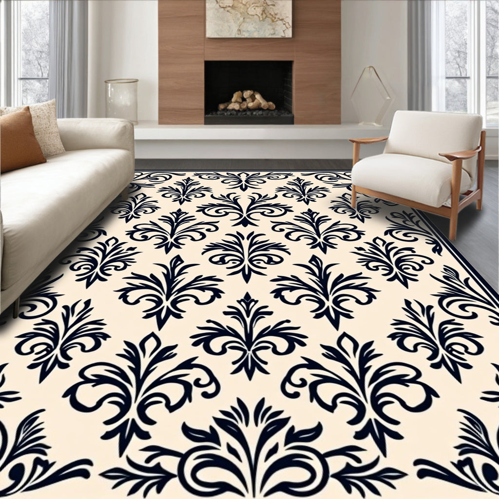 Classic Black White Damask Pattern Rug