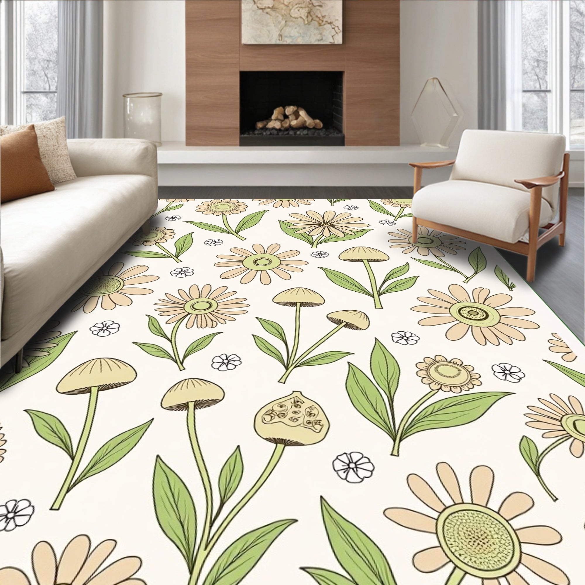 Whimsical Floral Mushroom Pattern Design Rug