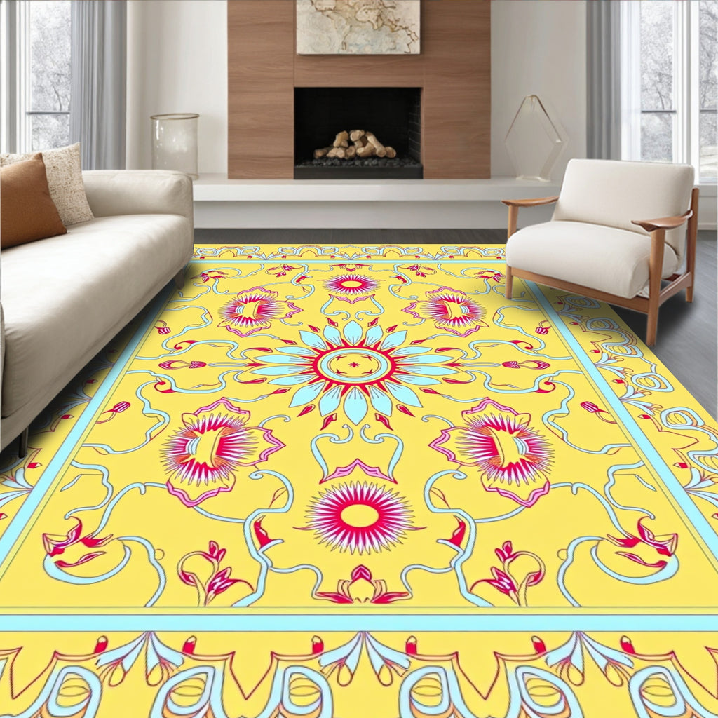 Vibrant Floral Scroll Patterned Rug