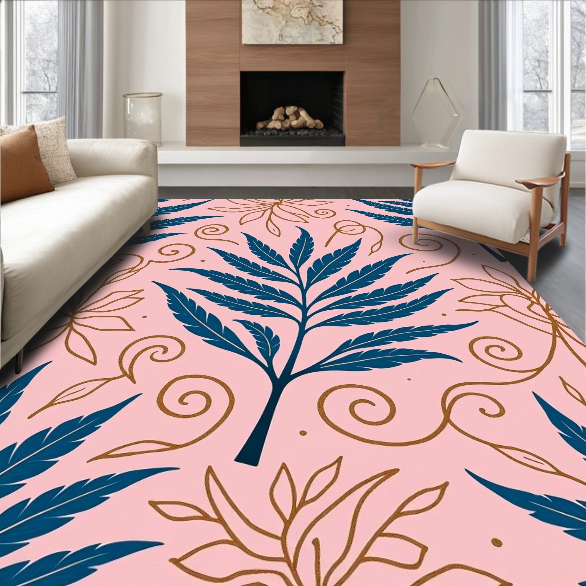 Elegant Blue Gold Fern Pattern Rug