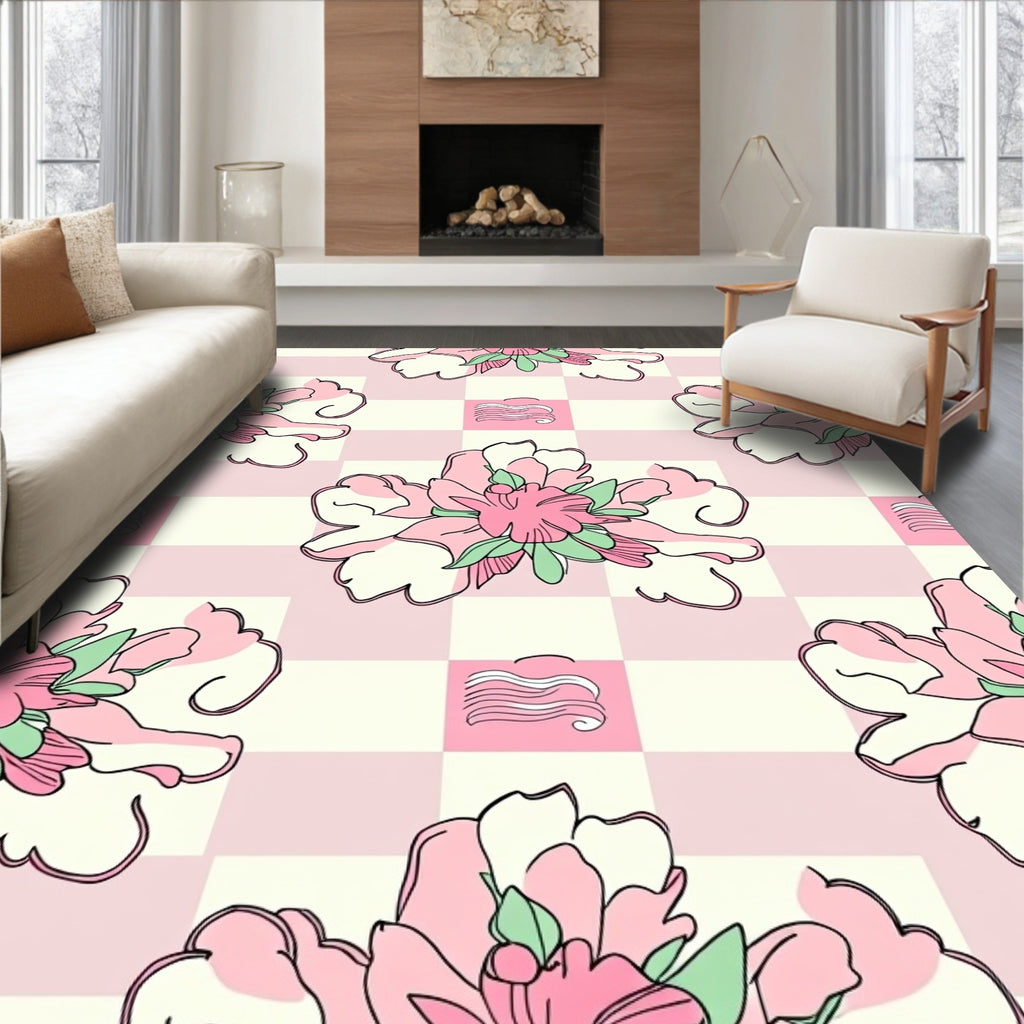 Pink Floral Checkerboard Whimsical Design Rug