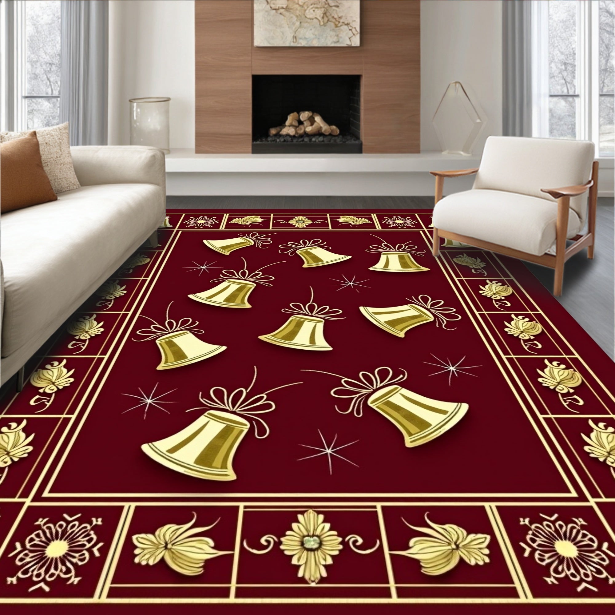 Gold Bell Holiday Festive Scatter Rug