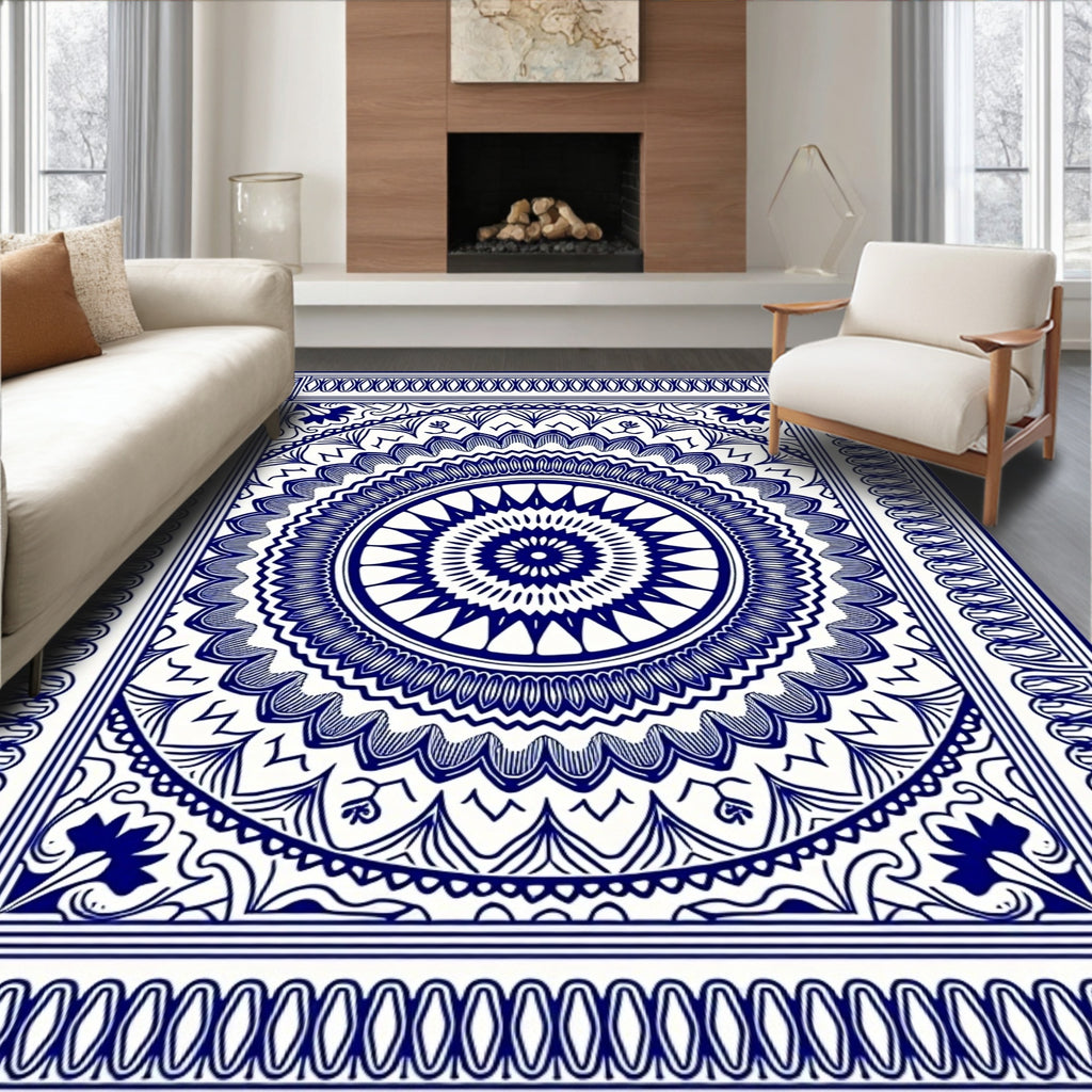 Intricate Blue Floral Mandala Design Rug