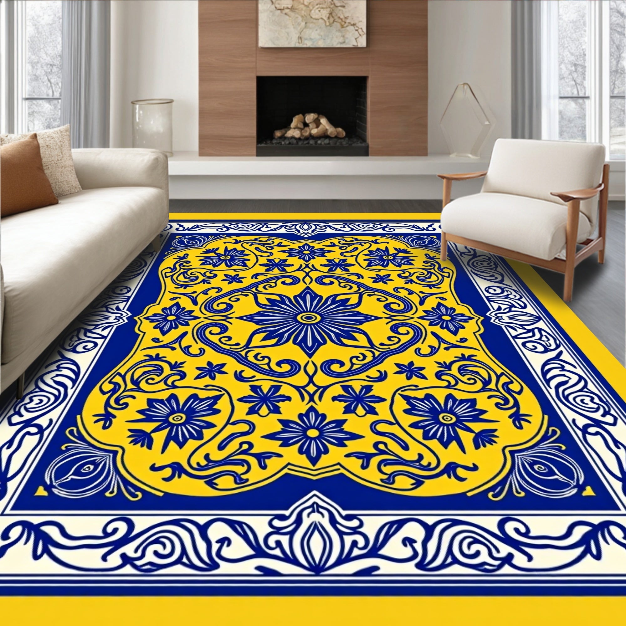 Royal Blue Yellow Floral Medallion Rug