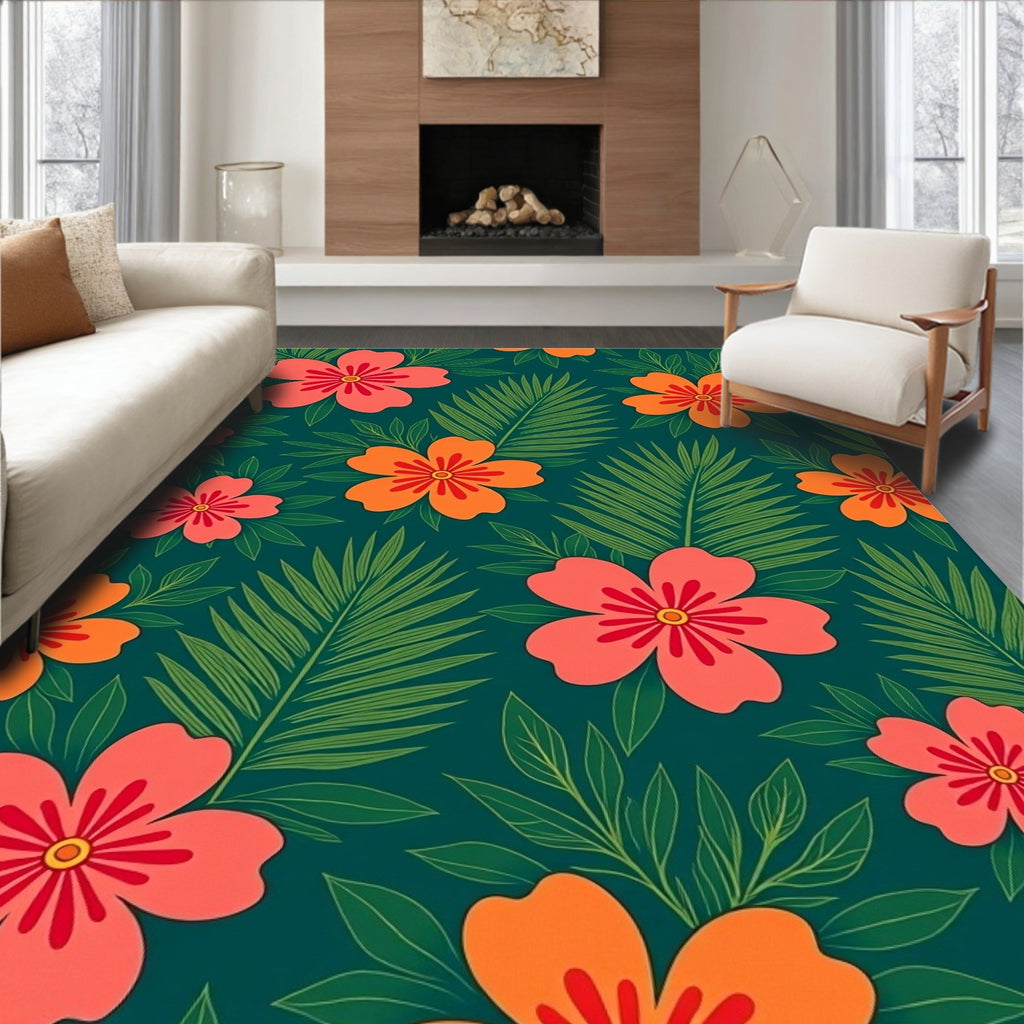 Vibrant Tropical Flowers and Leaves Rug