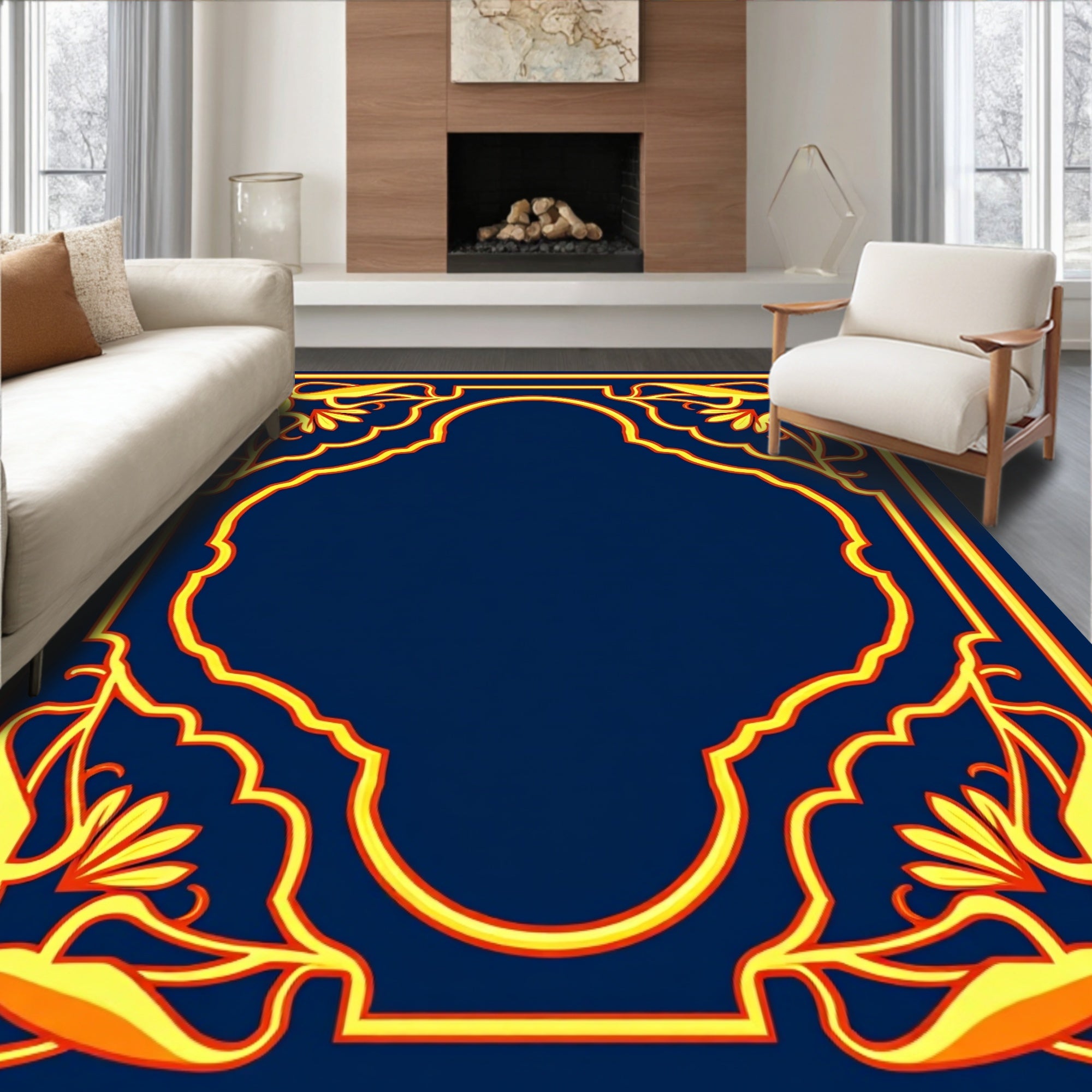 Ornate Golden Floral Arch Border Rug