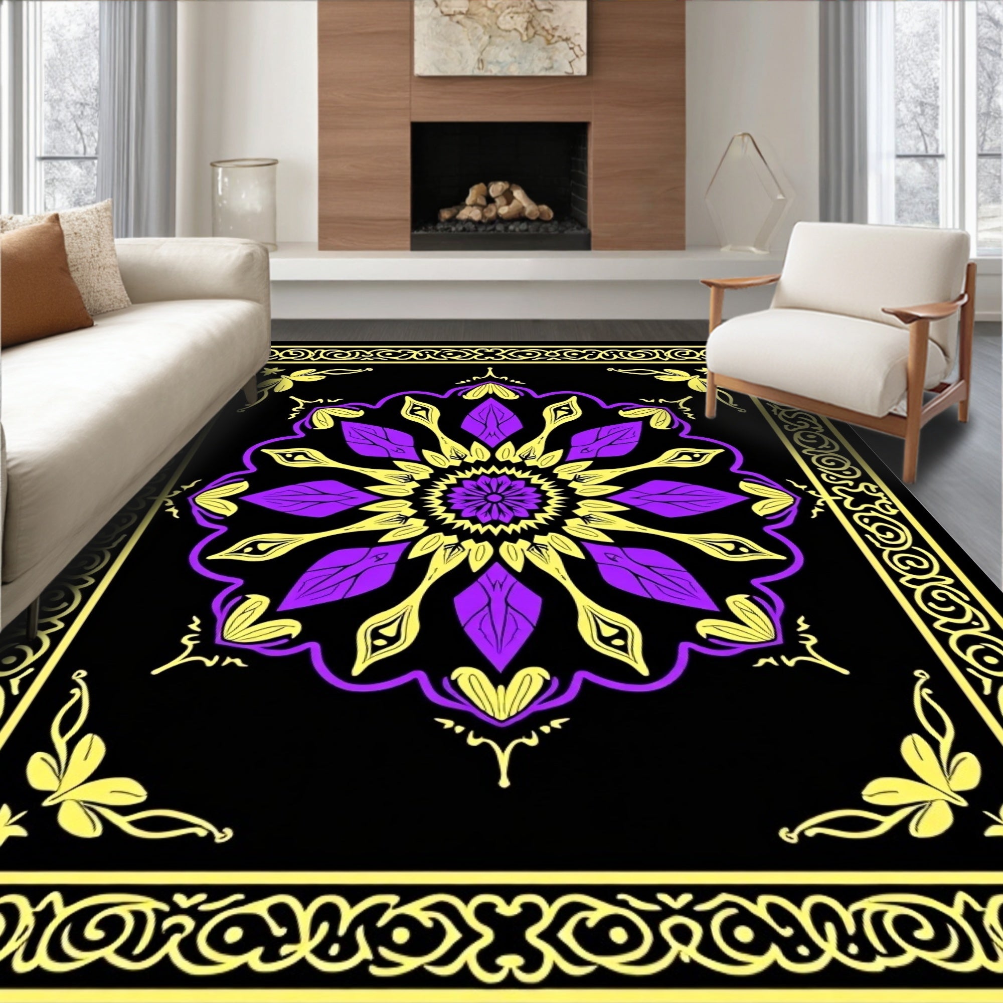 Vibrant Purple Yellow Mandala Design Rug