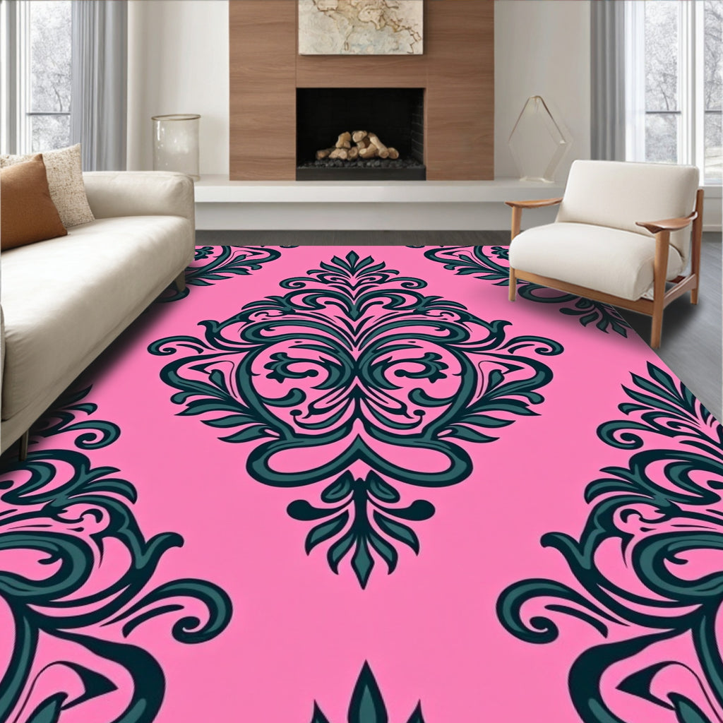 Elegant Floral Scrollwork Pink Teal Design Rug