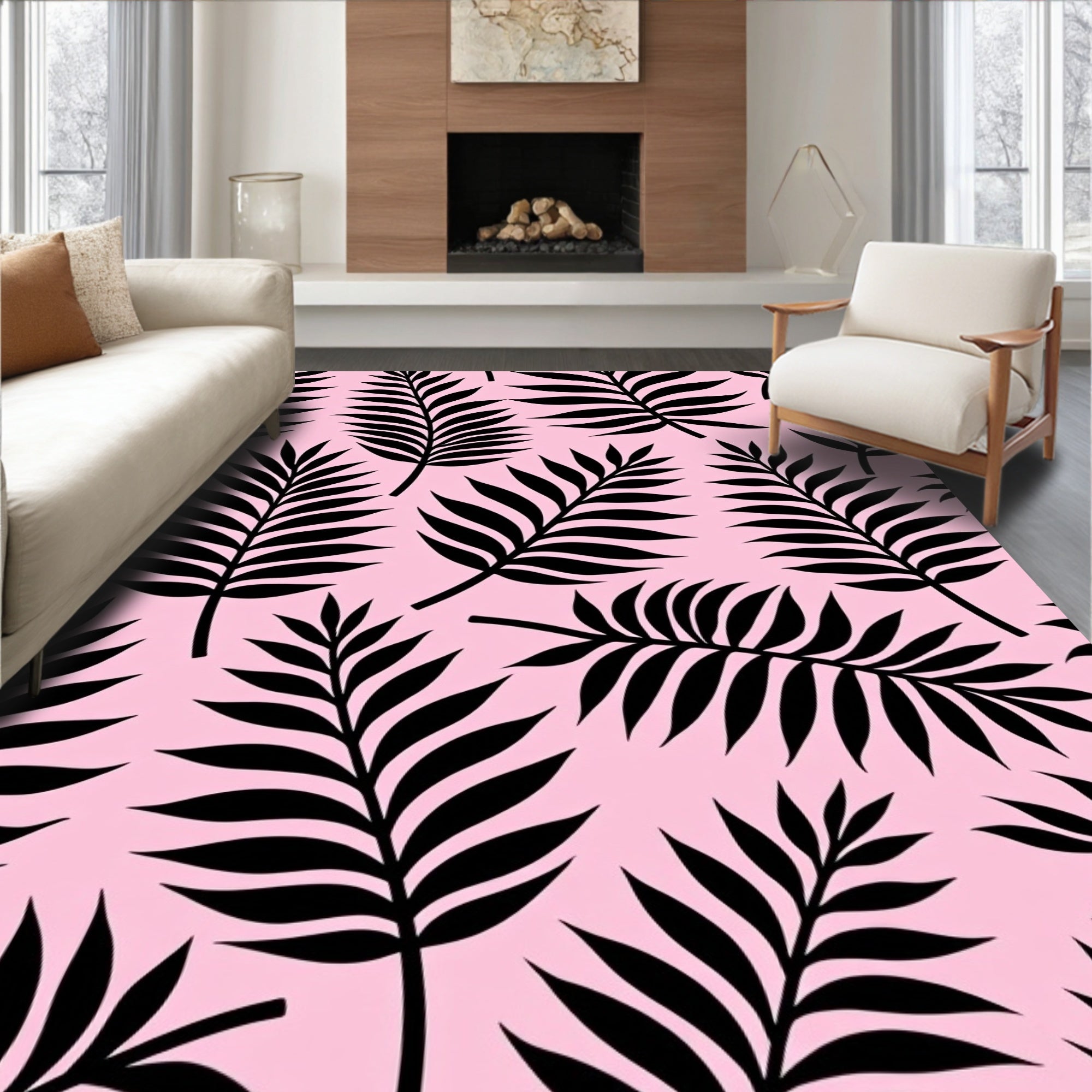 Black Palm Fronds Pink Tropical Rug