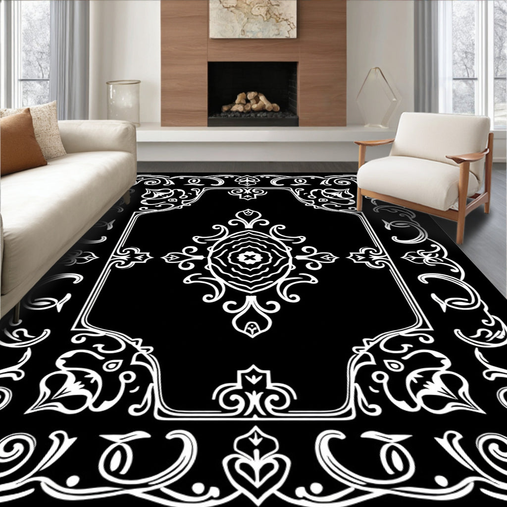 Ornate Scrollwork Black and White Classic Pattern Rug