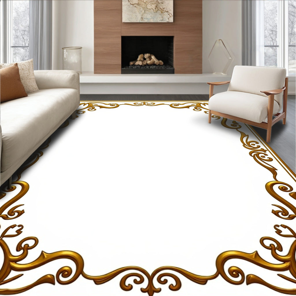 Ornate Gold Floral Scroll Frame Pattern Rug