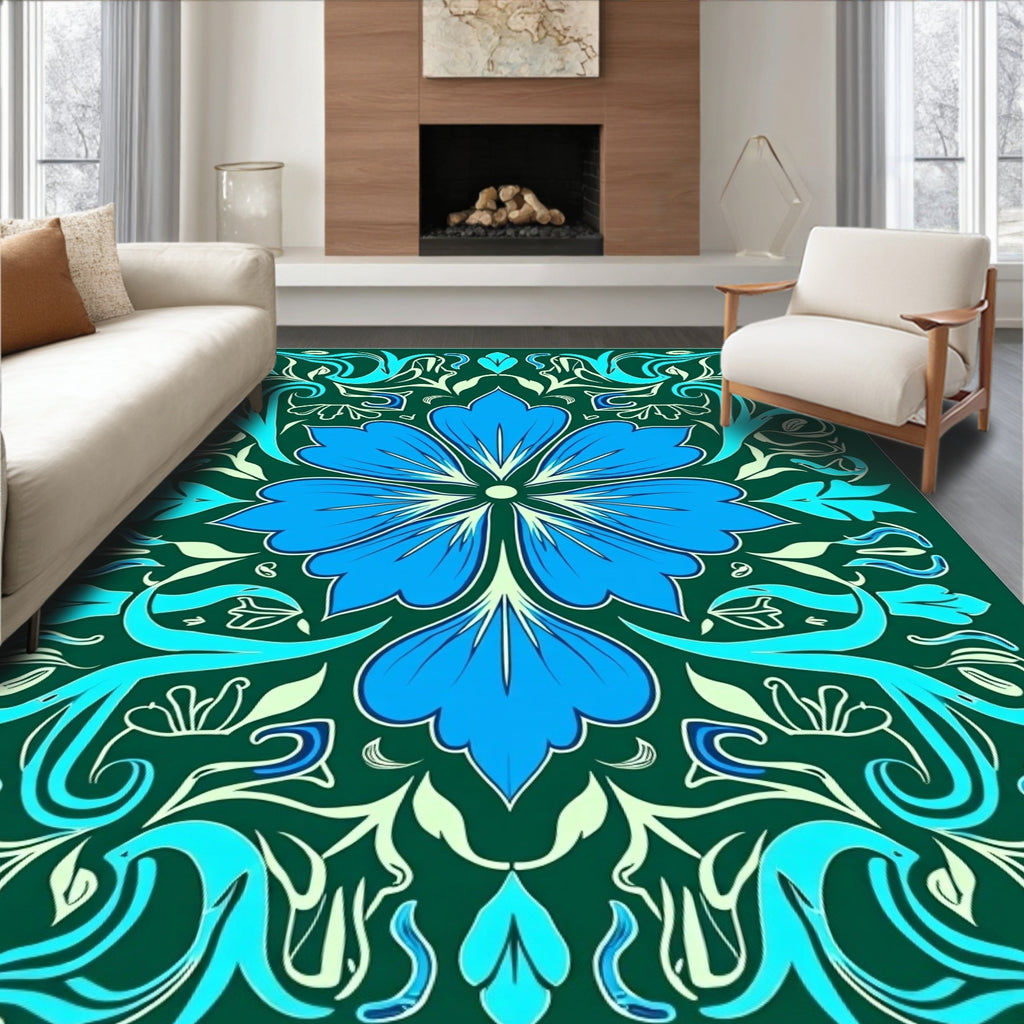 Blue Floral Swirls Pattern Rug